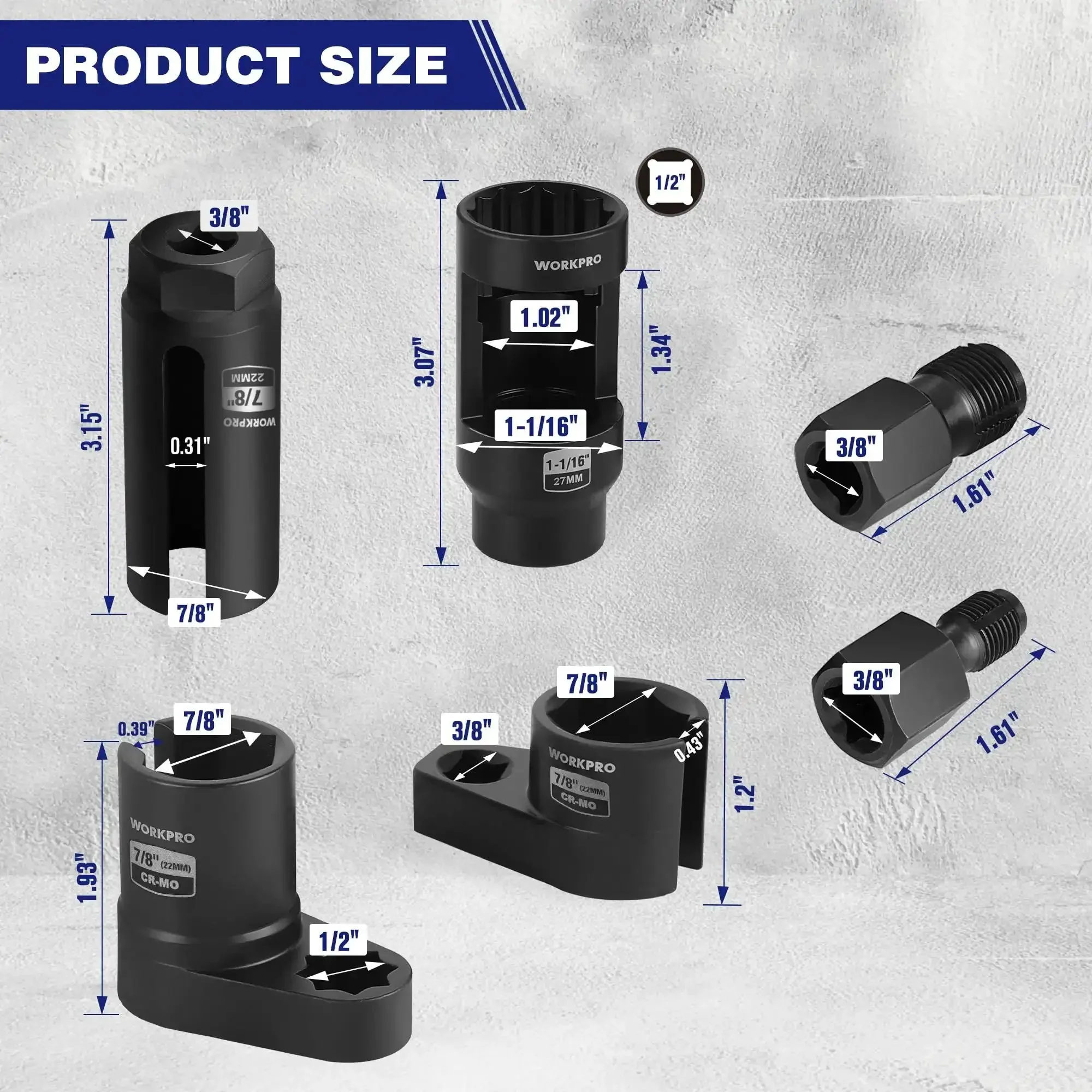 6 Piece O2 Oxygen Sensor Socket Set With 3/8 And 1/2 Inch Drive, Includes 7/8 Inch (22mm) Offset Sockets And 1-1/16 Inch (27mm) Thermal Sensor Socket, Removal Tool And Thread Chaser For Oil Pressure Vacuum Oxygen Sensors - Image 7