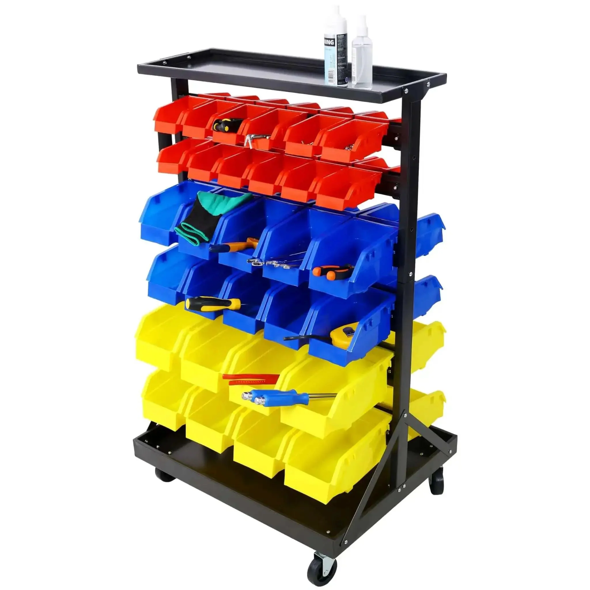 60 Bin Parts Bin Rack For Garage Storage 6 Tier Dual Sided Rolling Steel Shelf 350 Lb Capacity Heavy Duty Portable Wheels Mobile Tool Organizer With Plastic Bins - Image 4