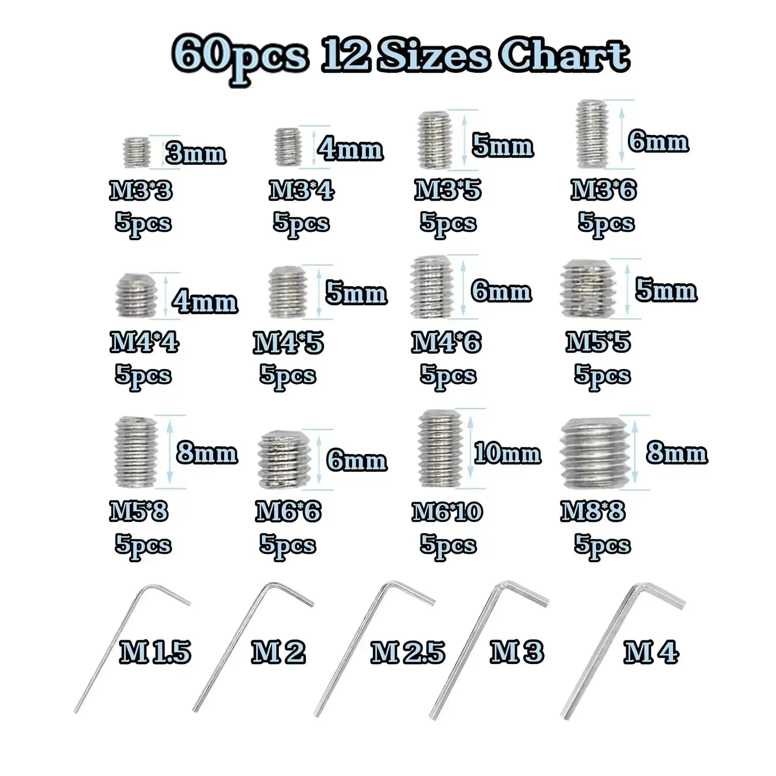 60 Piece Set Of Allen Head Grub Screws M3 To M8 In Stainless Steel Pro Grade For Home Repair Door Lock Install Furniture Fix Electronics DIY Projects And More 12 Sizes - Image 6