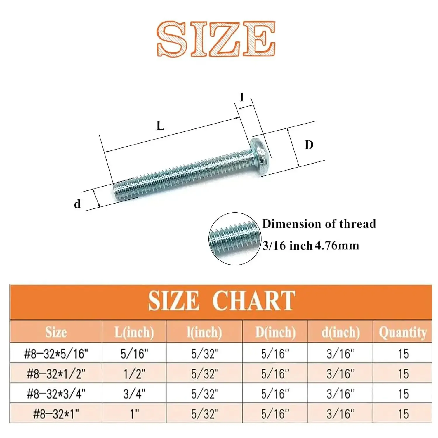 60 Piece Set Of Machine Screws Size Eight Thirty Two Thread Assortment Kit With Phillips Pan Head In Four Lengths Five Sixteenth Inch One Half Inch Three Quarter Inch And One Inch Carbon Steel Zinc Plated For Cabinets Electronics And DIY Projects - Image 7