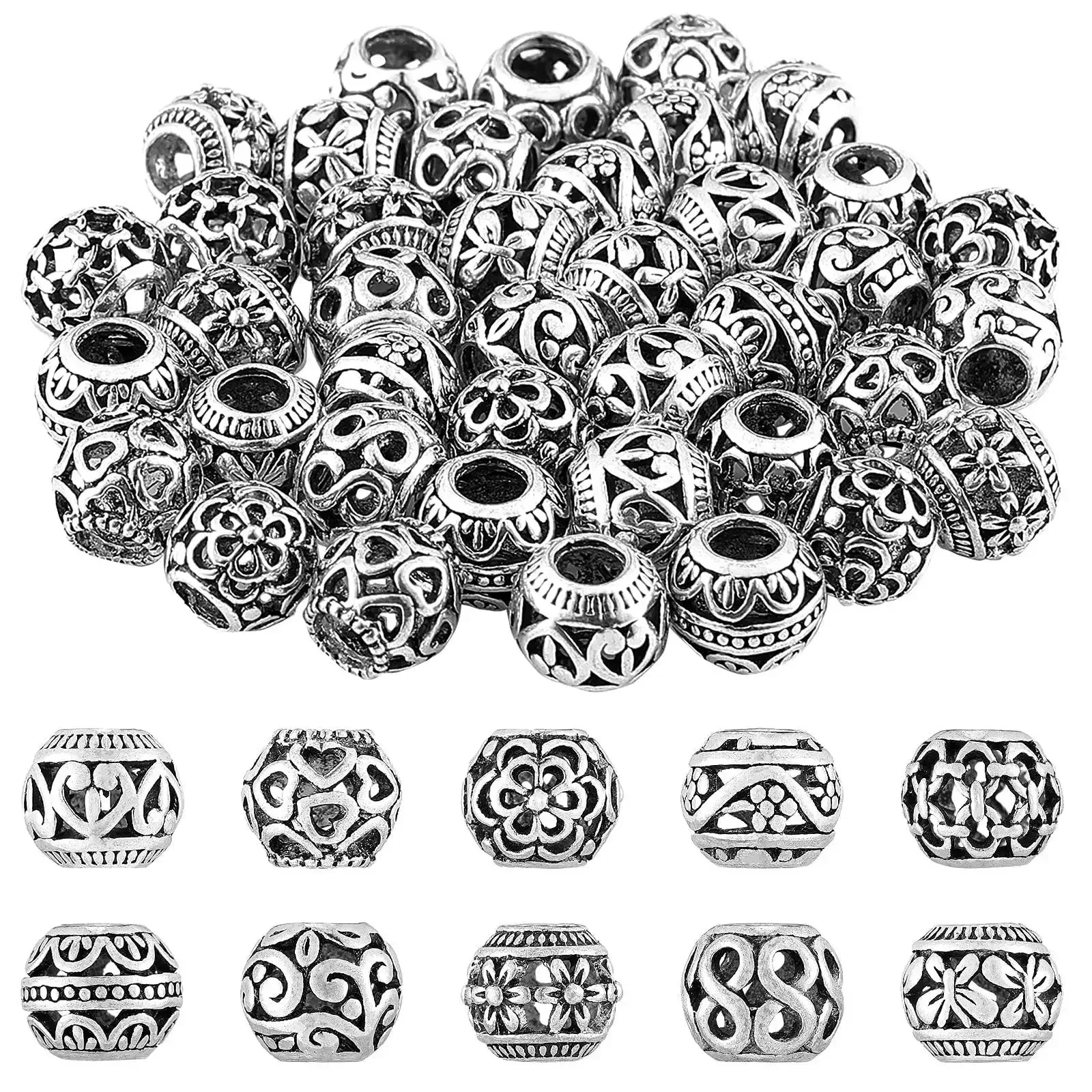 60 Pieces Dope Silver Tone Filigree Spacer Beads Set Hollow Tibetan Alloy Beads In 10 Styles 10 mm Tiny Metal Beads For DIY Jewelry Making Necklace And Bracelet Craft Supplies