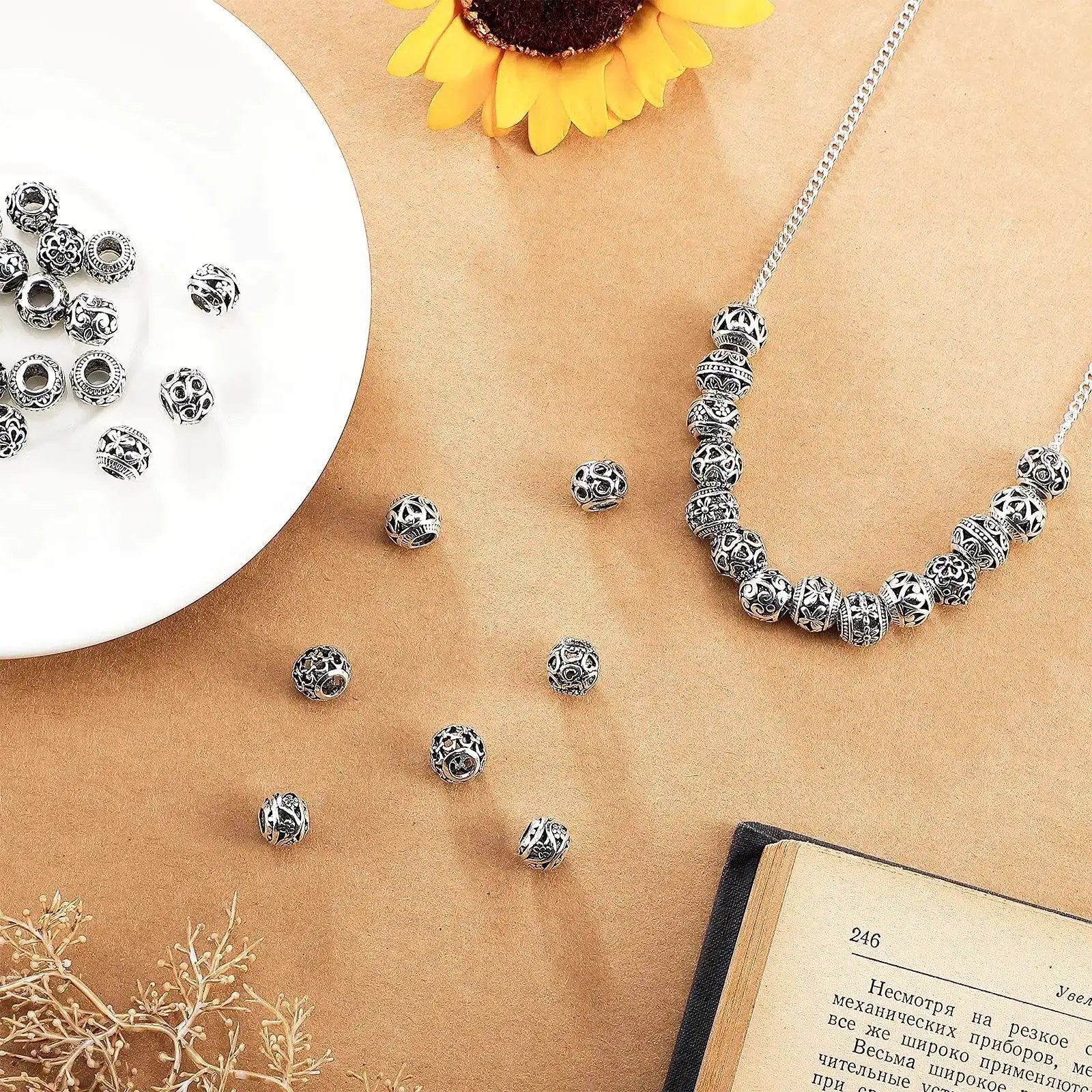 60 Pieces Dope Silver Tone Filigree Spacer Beads Set Hollow Tibetan Alloy Beads In 10 Styles 10 mm Tiny Metal Beads For DIY Jewelry Making Necklace And Bracelet Craft Supplies - Image 3