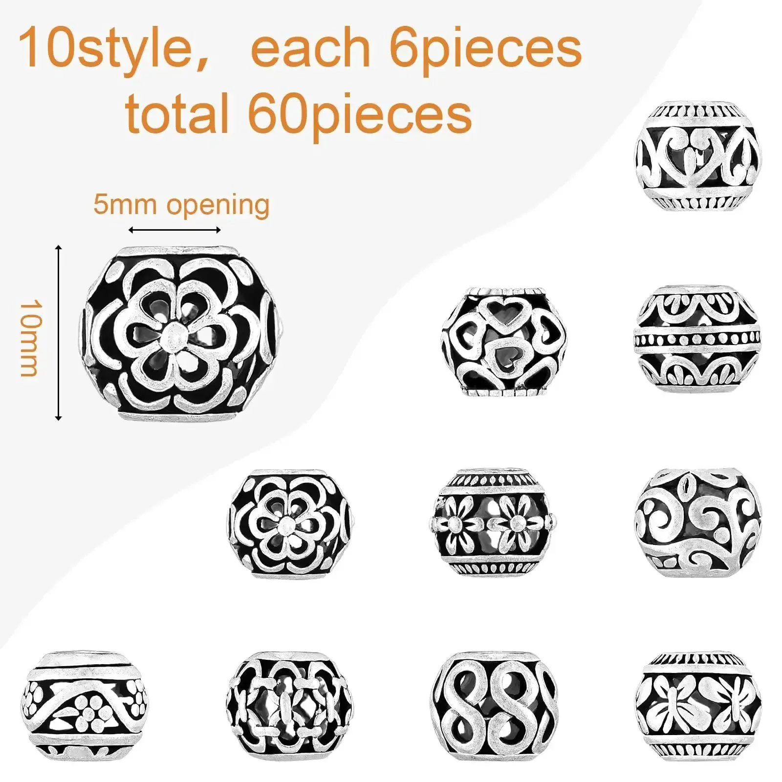 60 Pieces Dope Silver Tone Filigree Spacer Beads Set Hollow Tibetan Alloy Beads In 10 Styles 10 mm Tiny Metal Beads For DIY Jewelry Making Necklace And Bracelet Craft Supplies - Image 6