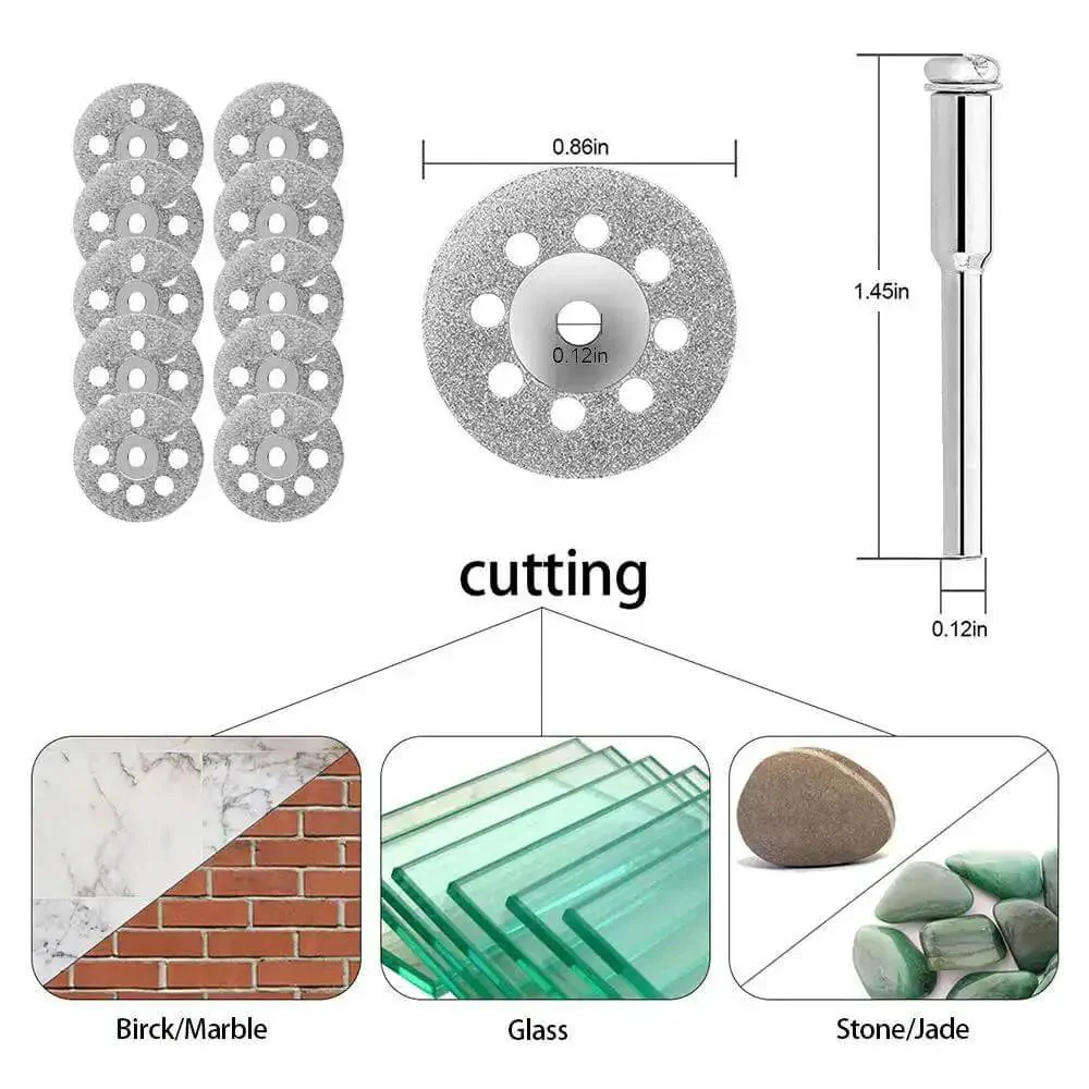 60 Pieces Rotary Cutting Wheels Tool Kit With Resin Cut Off Discs And Diamond Grit Blades For Wood Glass Plastic Stone Metal Perfect For DIYers Using Electric Grinders And Drills Plus Mini HSS Saw Blades With Mandrels - Image 5