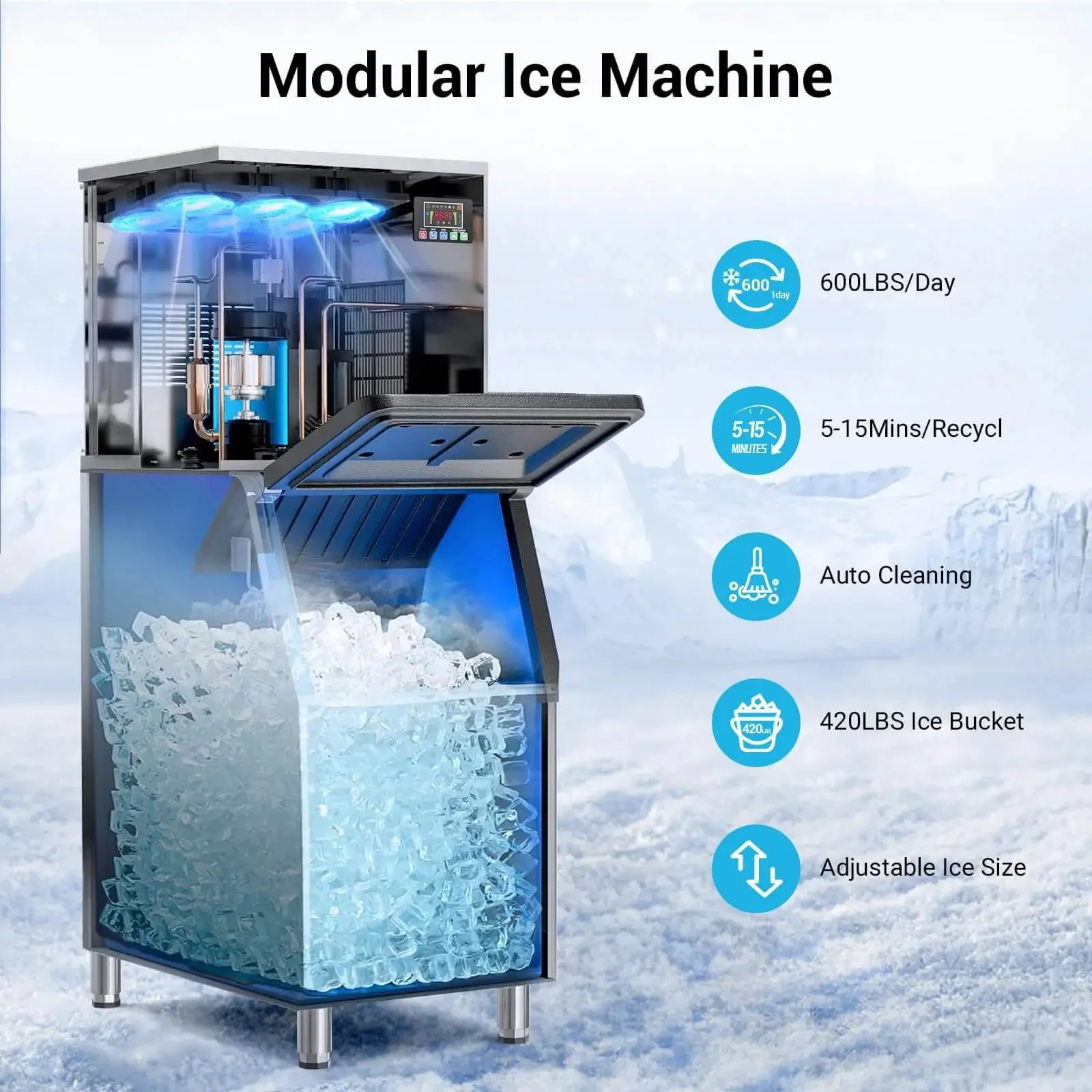 600 Lbs Per Day Commercial Ice Maker With 420 Lbs Capacity Quick Five To Fifteen Minute Ice Crystal Clear Ice Cubes Micron Water Purification Filter Kicking Out 99 Percent Impurities Ideal For Cafe And Bar Heavy Duty Copper Condenser - Image 6
