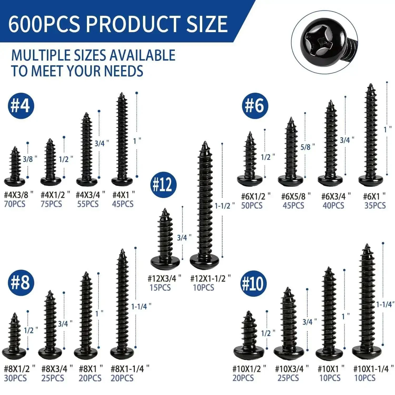 600 Piece Stainless Steel Wood And Sheet Metal Screws Set With 18 Sizes Self Tapping Phillips Pan Head Coarse Thread For Wood And Metal Projects From Three Eighths Inch To One And One Half Inch Rust Resistant - Image 7
