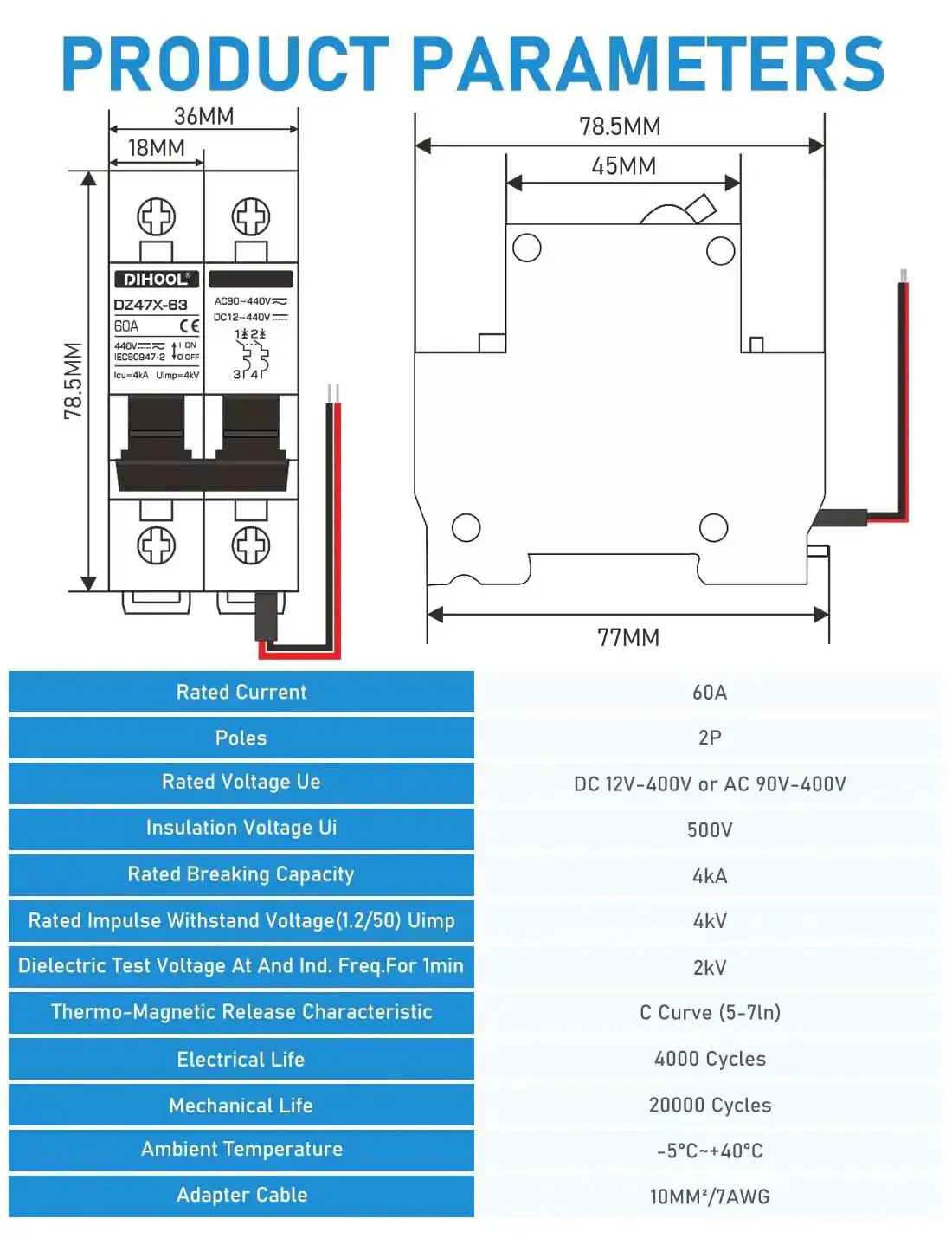 60A DC Circuit Breaker With Remote Control, 12V-400V DC And 90-400V AC, 2 Pole Mini Breaker, DIN Rail Mount Disconnect Switch With External Trigger Wires, Perfect For Auto Ops, Automation, And Emergency Stops - Image 8