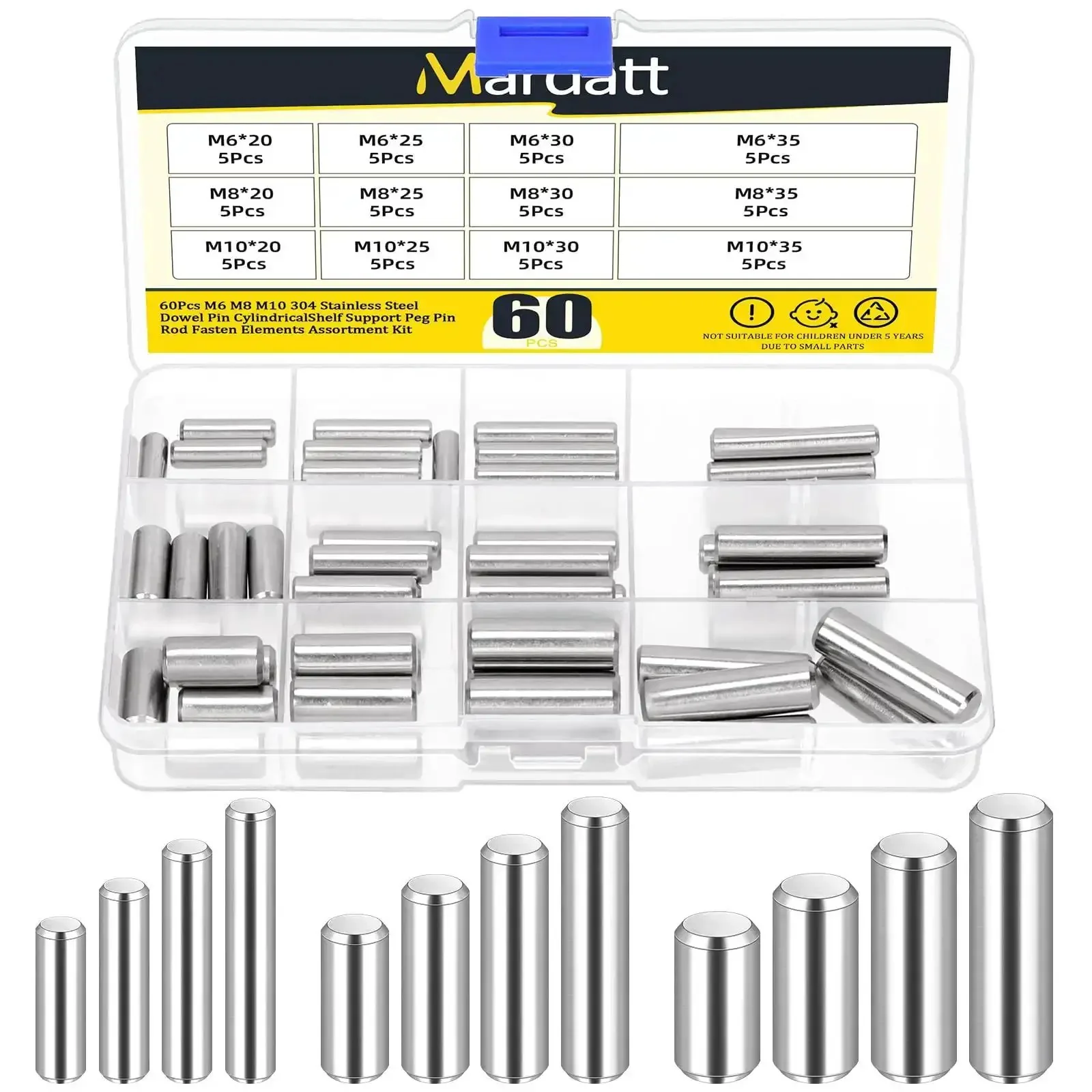 60Pcs 12 Size 304 Stainless Steel Dowel Pins Set M6 M8 M10 Assortment For Shelf Support Peg Pins And Rod Fasteners Durable Hardware For Metal Projects And Furniture Installation