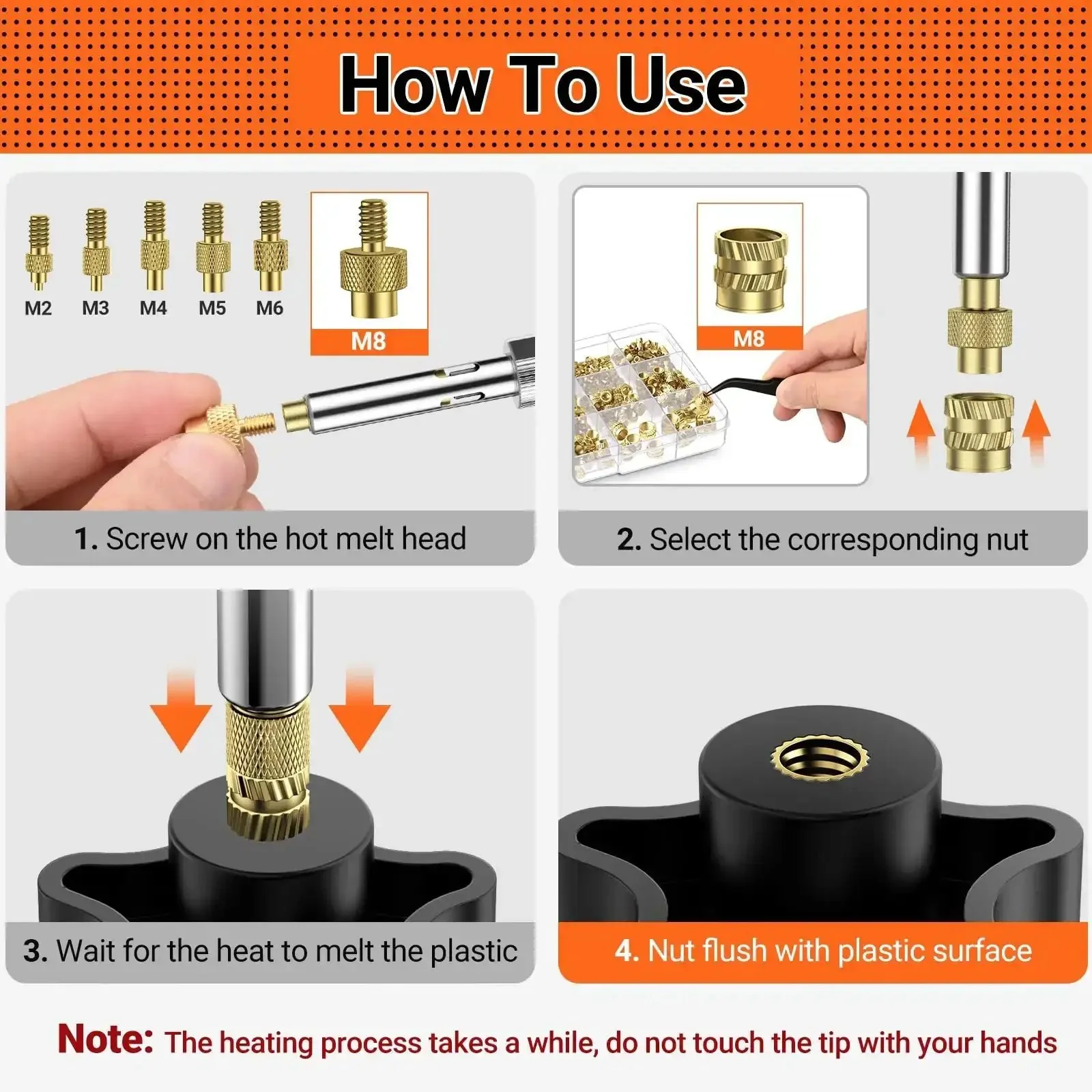 60W Soldering Iron Pro Grade Heat Set Insert Tip Kit With 350 Thread Inserts Includes 6 Heat Set Tips M2 M3 M4 M5 M6 M8 2 Soldering Tip Connecting Rods And 1 Tweezers - Image 3