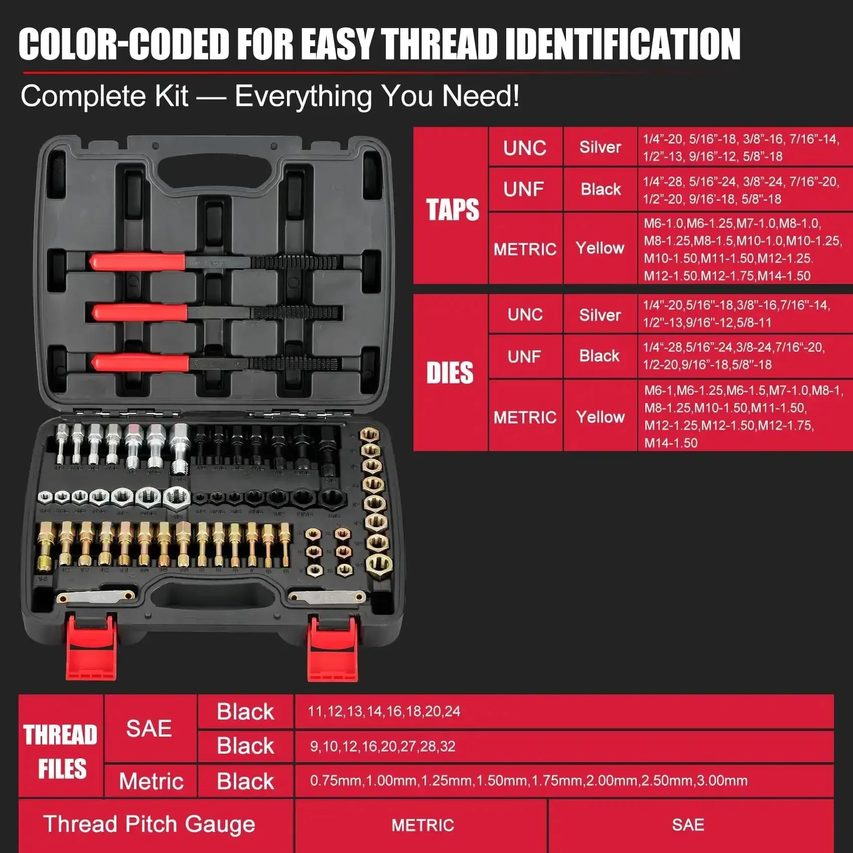 61 Piece Thread Chaser Set For Rethreading And Bolt Repair Pro Grade, SAE And Metric Taps Dies, Thread Files And Pitch Gauges, Restore Rusted Threads Without Replacing Bolts, Perfect For Home Mechanics And DIY Buffs - Image 2