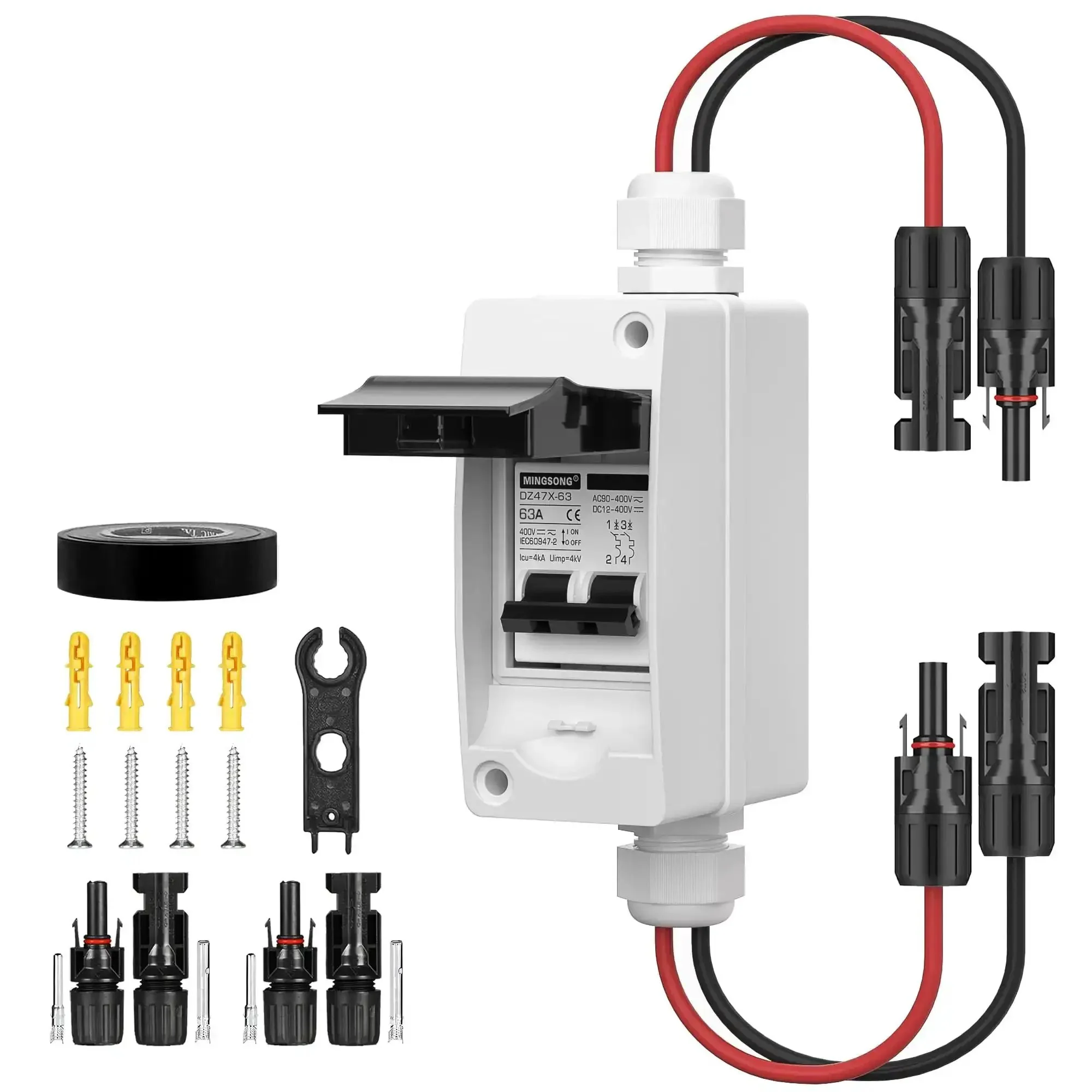 63 Amp Solar Panel Disconnect Switch For DC 12 To 400V And AC 90 To 400V Two Pole Outdoor Rugged IP65 Waterproof Box UV Proof Housing Ready For PV Home Systems