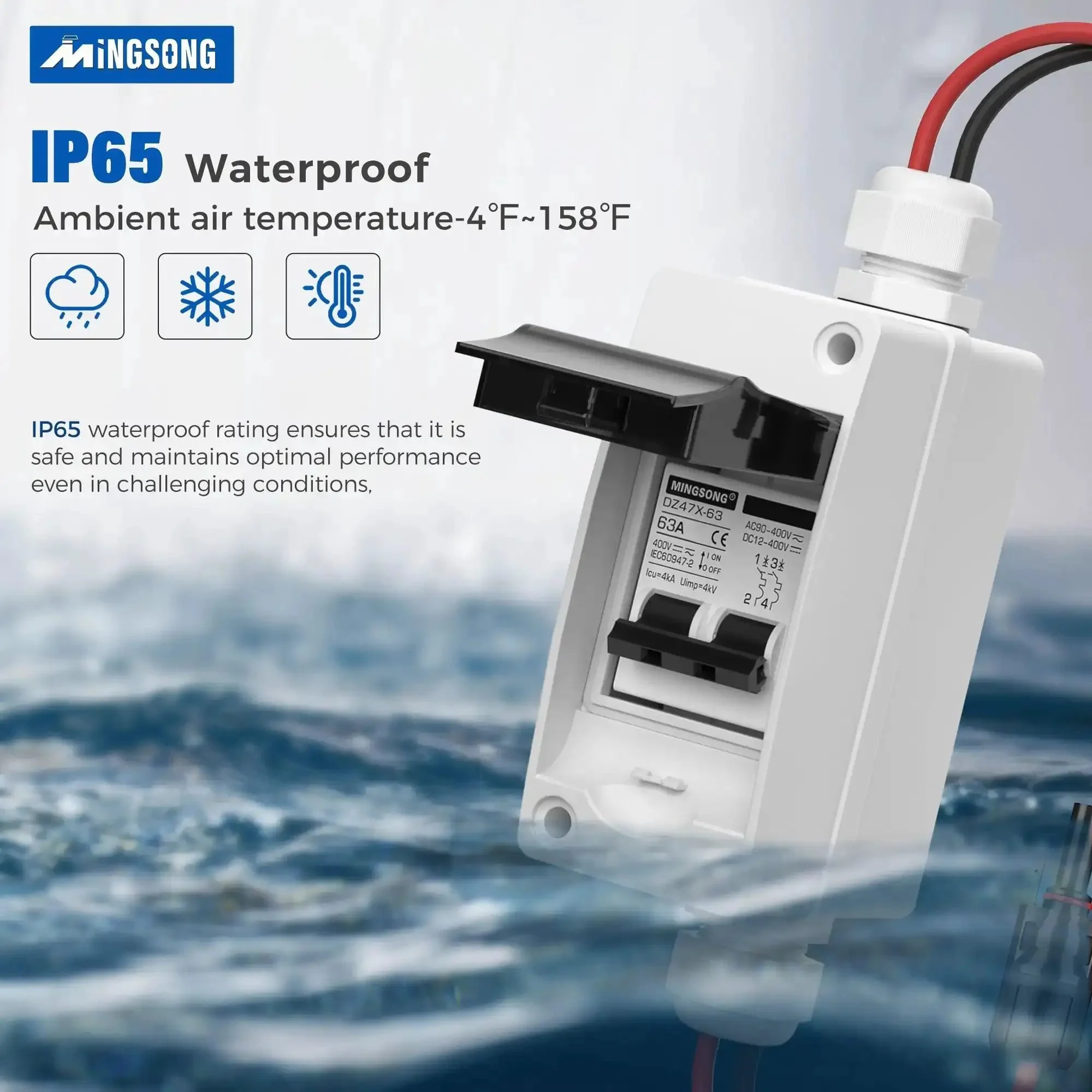 63 Amp Solar Panel Disconnect Switch For DC 12 To 400V And AC 90 To 400V Two Pole Outdoor Rugged IP65 Waterproof Box UV Proof Housing Ready For PV Home Systems - Image 6