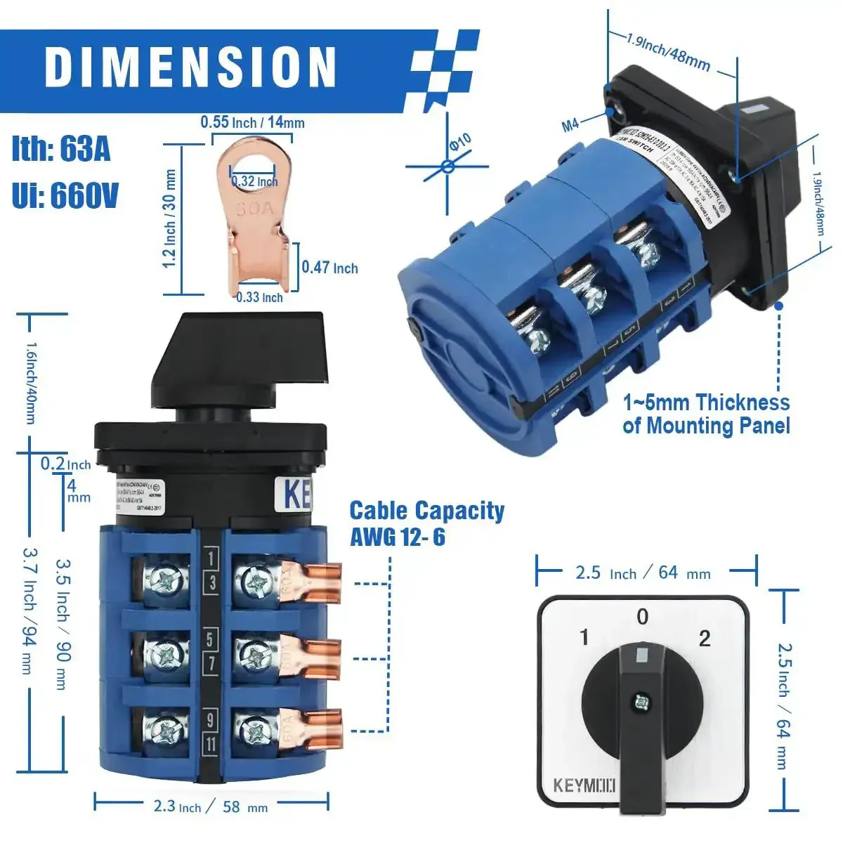 63A Rotary Change Over Switch With Copper Cable Connector 660V Three Position Three Phase Cam Switch 12 Terminals Open Lugs Universal Selector For Power Transfer Emergency Switchover And Circuit Isolation In Industrial Electrical Panels - Image 6