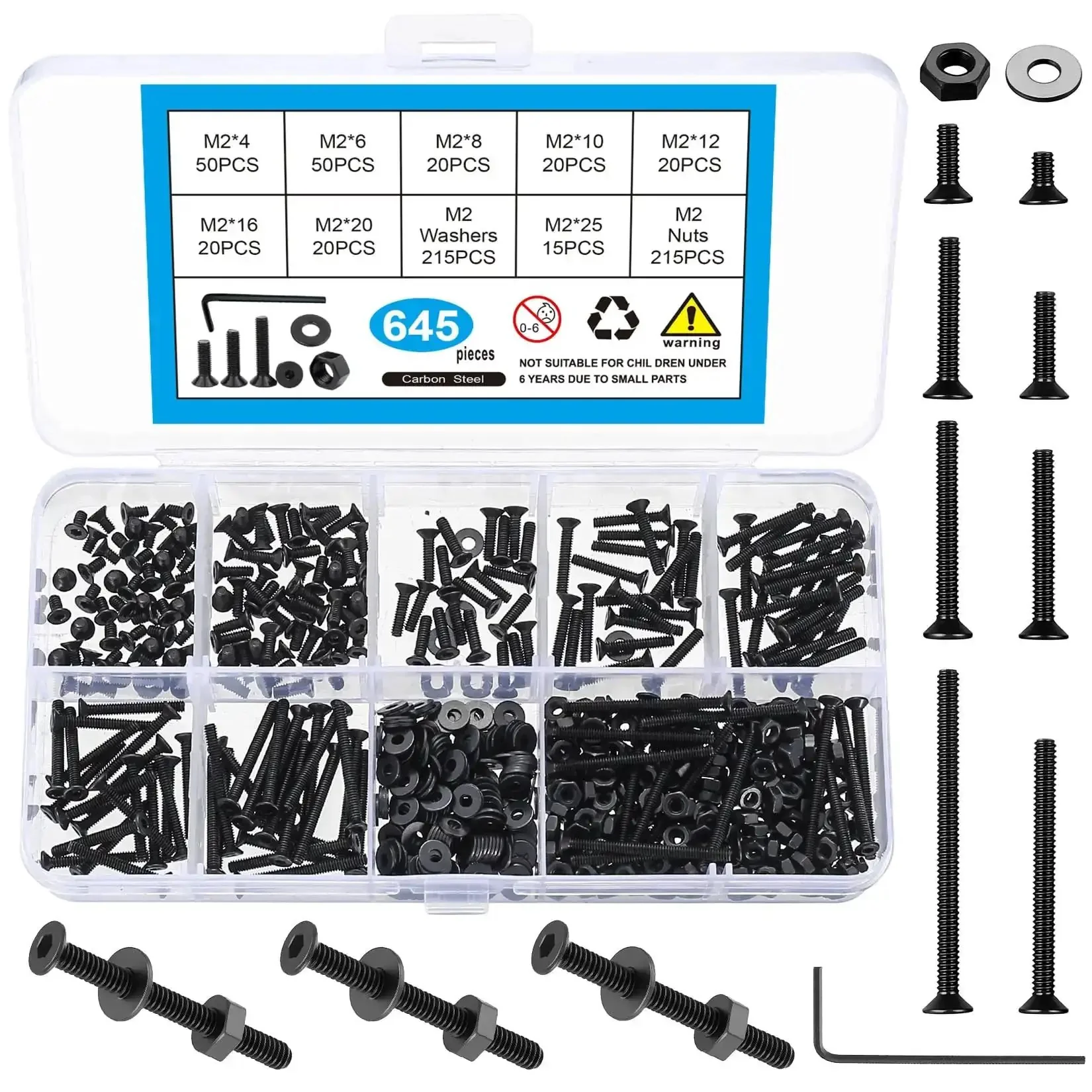 645 Piece M2 Metric Screw Set With Flat Head Countersunk Hex Socket Cap Screws, Black Bolts And Nuts, Washers And Wrench, Pro Grade All In One DIY Hardware Kit For Electronics, Robotics, And Precise Assemblies