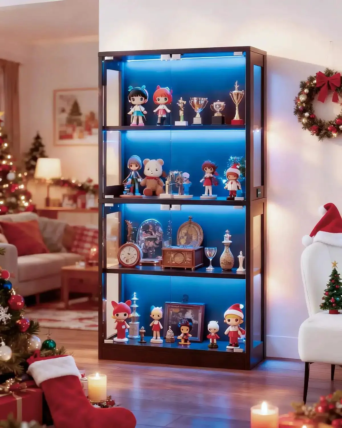 65 Inch Glass Display Cabinet with RGB LED Lights and Glass Doors, 4 Tier Curio Storage Cabinet, Push To Open, Motion Sensor, Black Finish, Ideal for Collectibles, Figurines, Books