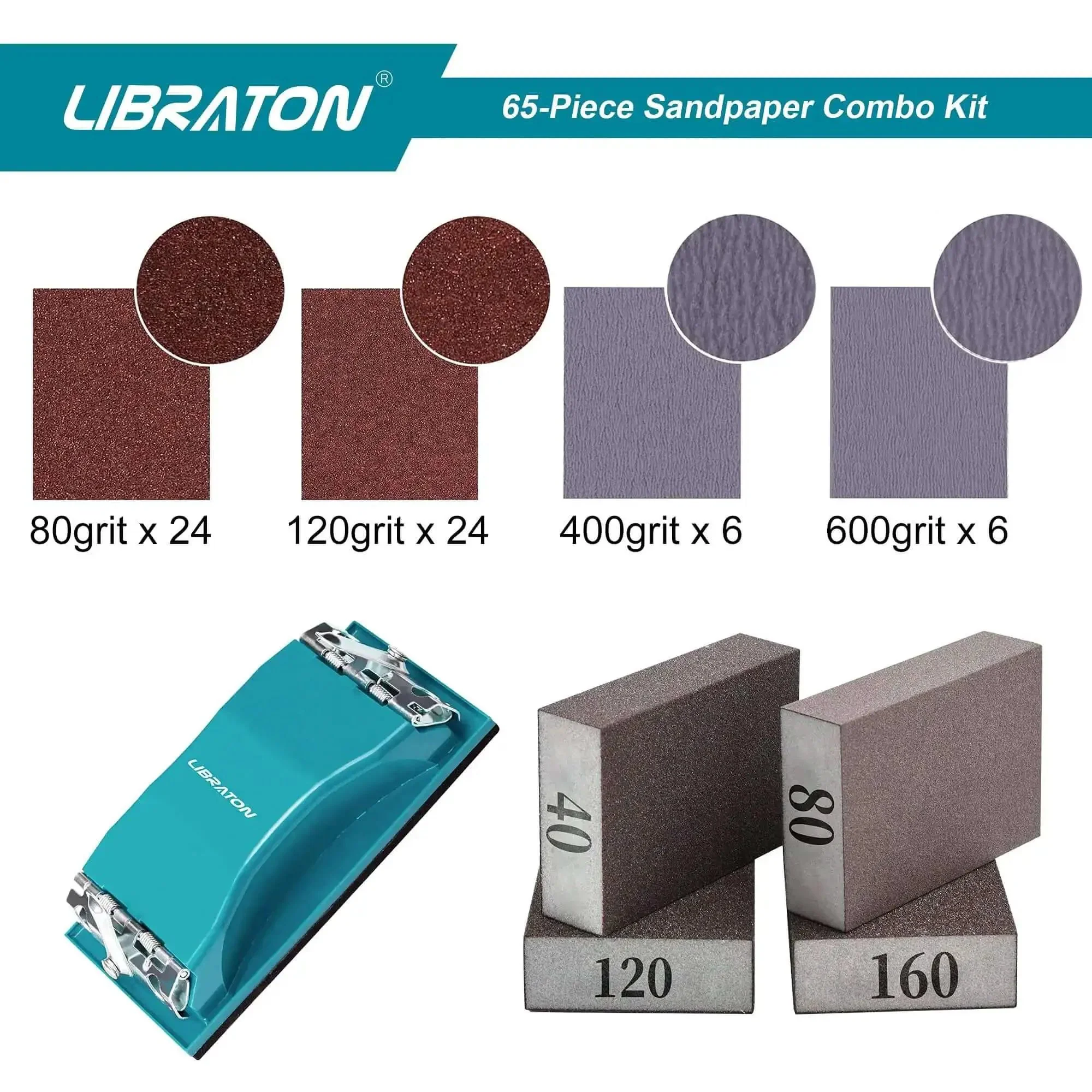 65 Piece Sandpaper Kit For Wood And Metal Finishing With Sanding Block And Sponges, Includes 40/80/120/160 Grit Sanding Sponges, 80/120 Grit Sheets, And 400/600 Grit Sheets, Plus A Convenient Holder For Fast, Smooth, One-Handed Sanding - Image 5