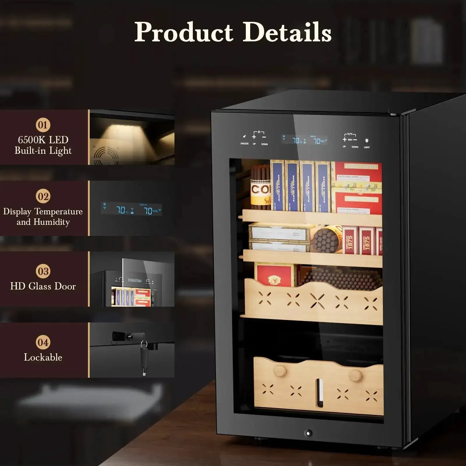 65L Electric Cigar Humidor With Big 500 Count Capacity, Smart Temperature And Humidity Control, Spanish Cedar Wood Drawer, Digital LED Display, Stainless Steel Lockable Cabinet, Black Finish - Image 3