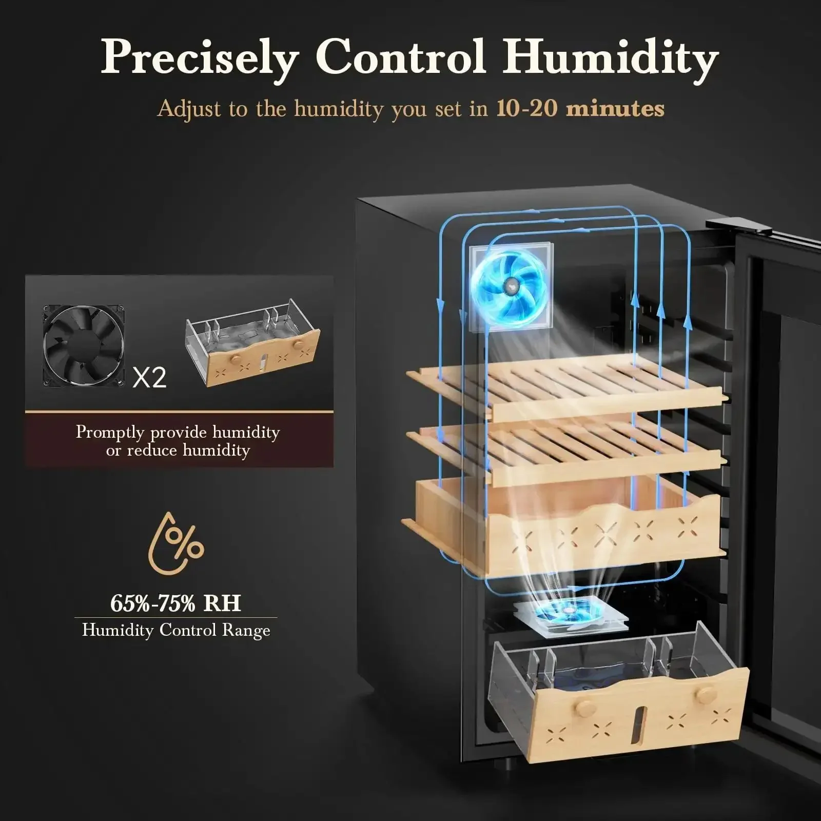 65L Electric Cigar Humidor With Big 500 Count Capacity, Smart Temperature And Humidity Control, Spanish Cedar Wood Drawer, Digital LED Display, Stainless Steel Lockable Cabinet, Black Finish - Image 5