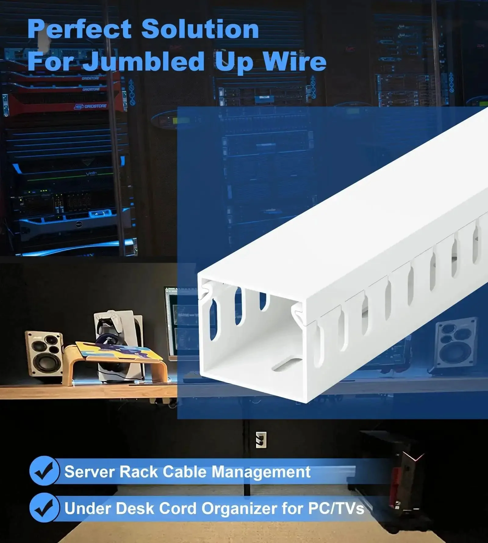 66 Inch Open Slot Cable Management Raceway Kit For Under Desk Setup And Network Cords Includes Four L16.5 Inch Raceways H1.4 In By W1.6 In PVC Safe White Wire Organizer That Holds Up To 20 Cables Quick Install With Screws And Foam Strips - Image 4