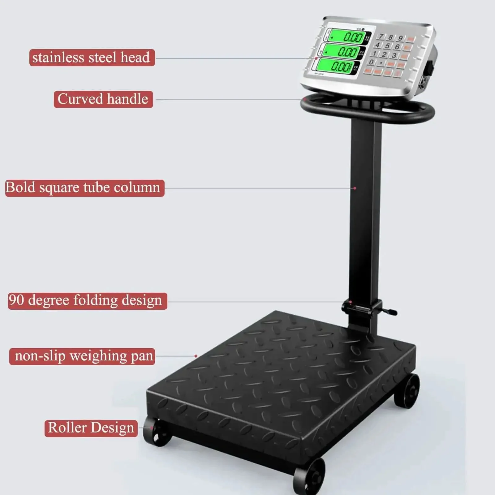 660lb Heavy Duty Floor Platform Scale With Wheels Workhorse Digital Scale For Weighing Luggage And Packages LB KG Calculator With High Definition Display Foldable Portable Postal Scale With Removable Guardrail - Image 3