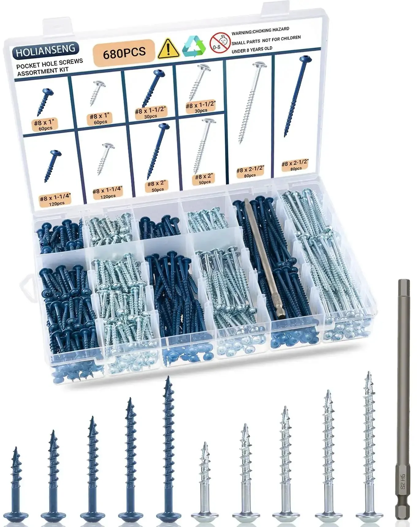 680 Piece Pocket Hole Screw Set With Five Sizes Blue Ceramic Coated And Zinc Coated Square Drive Self Tapping Coarse Thread Wood Screws For Pocket Hole Joinery In Inch Sizes From Eight To Two And A Half Inches For DIYers