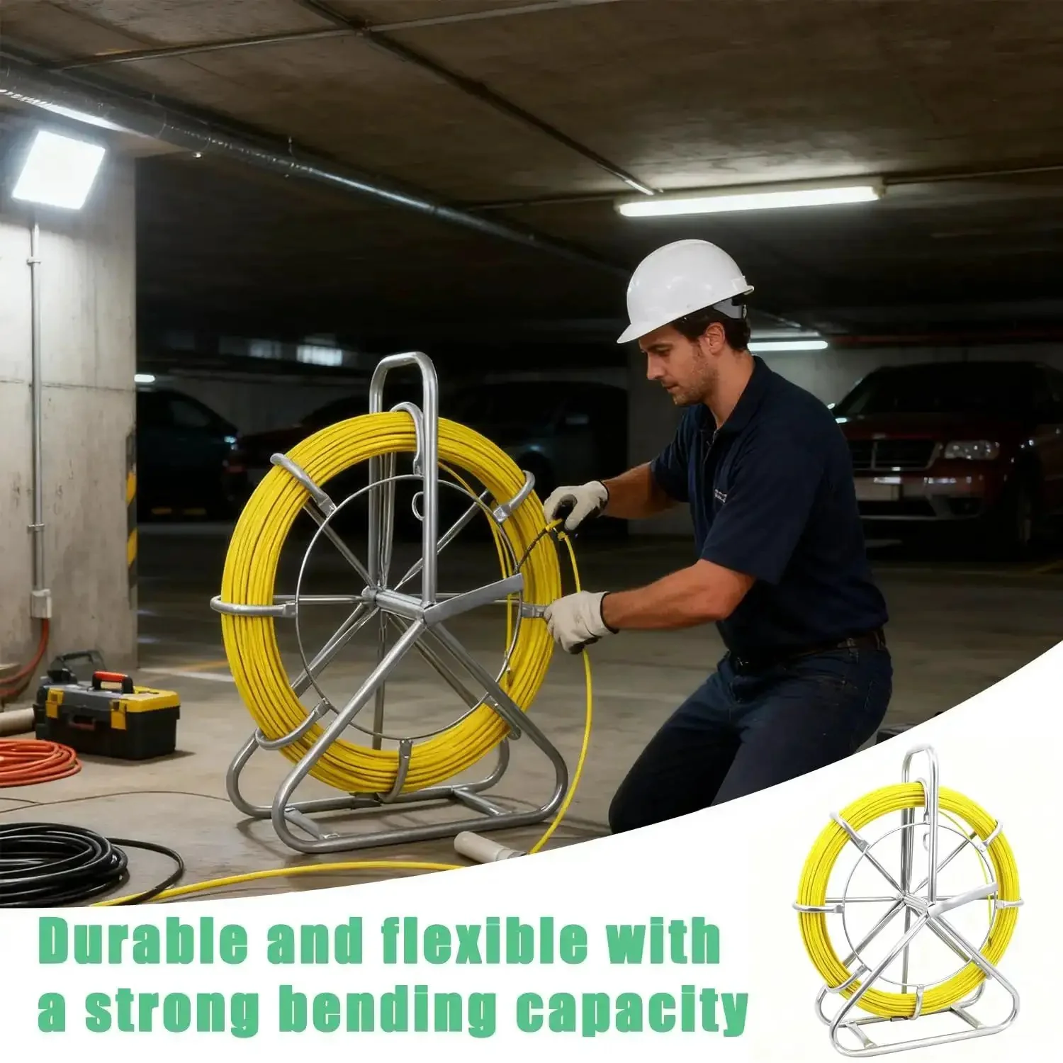 6mm By 500ft Fiberglass Duct Rodder For Conduit Installations, Heavy Duty Electrical Fish Tape Cable Puller With Steel Reel Stand And Cage Wheel, Durable Wire Running Rod For Easy Conduit Pulls And Tight Bends - Image 3