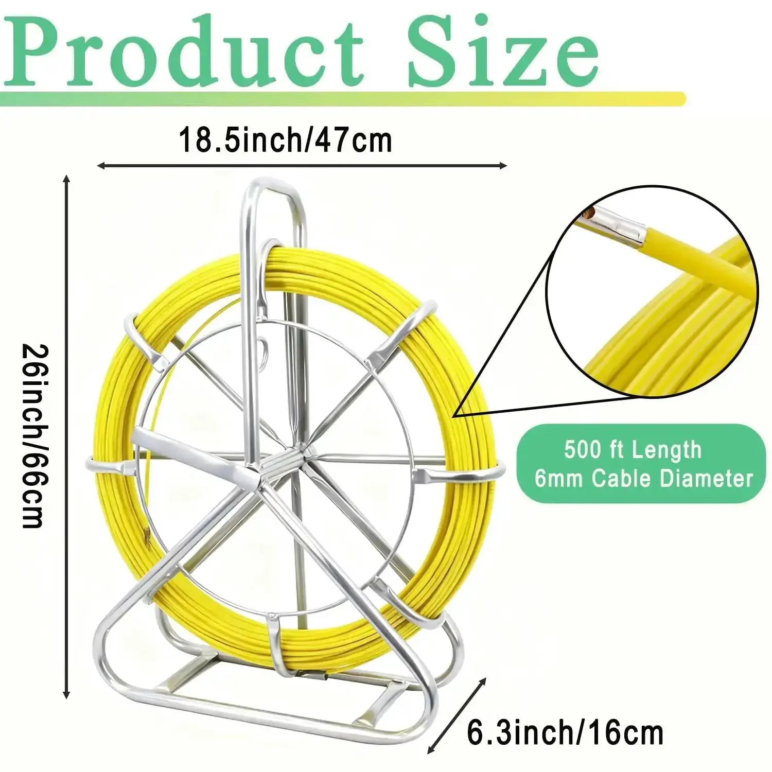 6mm By 500ft Fiberglass Duct Rodder For Conduit Installations, Heavy Duty Electrical Fish Tape Cable Puller With Steel Reel Stand And Cage Wheel, Durable Wire Running Rod For Easy Conduit Pulls And Tight Bends - Image 7