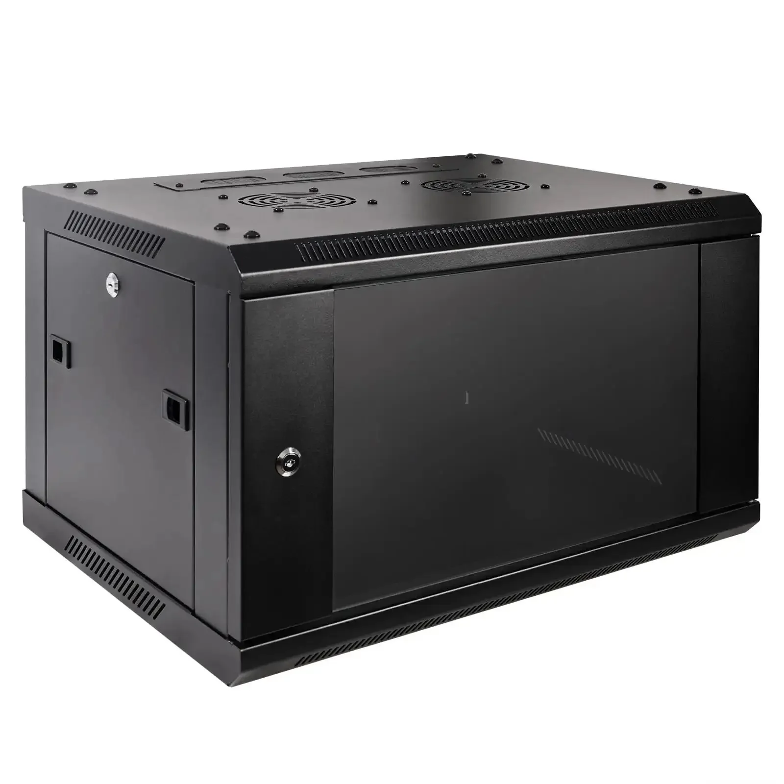 6U Wall Mount Server Cabinet Enclosure With Quiet Cooling Fans 2x, Brush Cable Management Panel, Adjustable Rails, Black Finish, Space Saving Network Rack For Home Or Office Gear, Easy Access And Clean Cable Routing