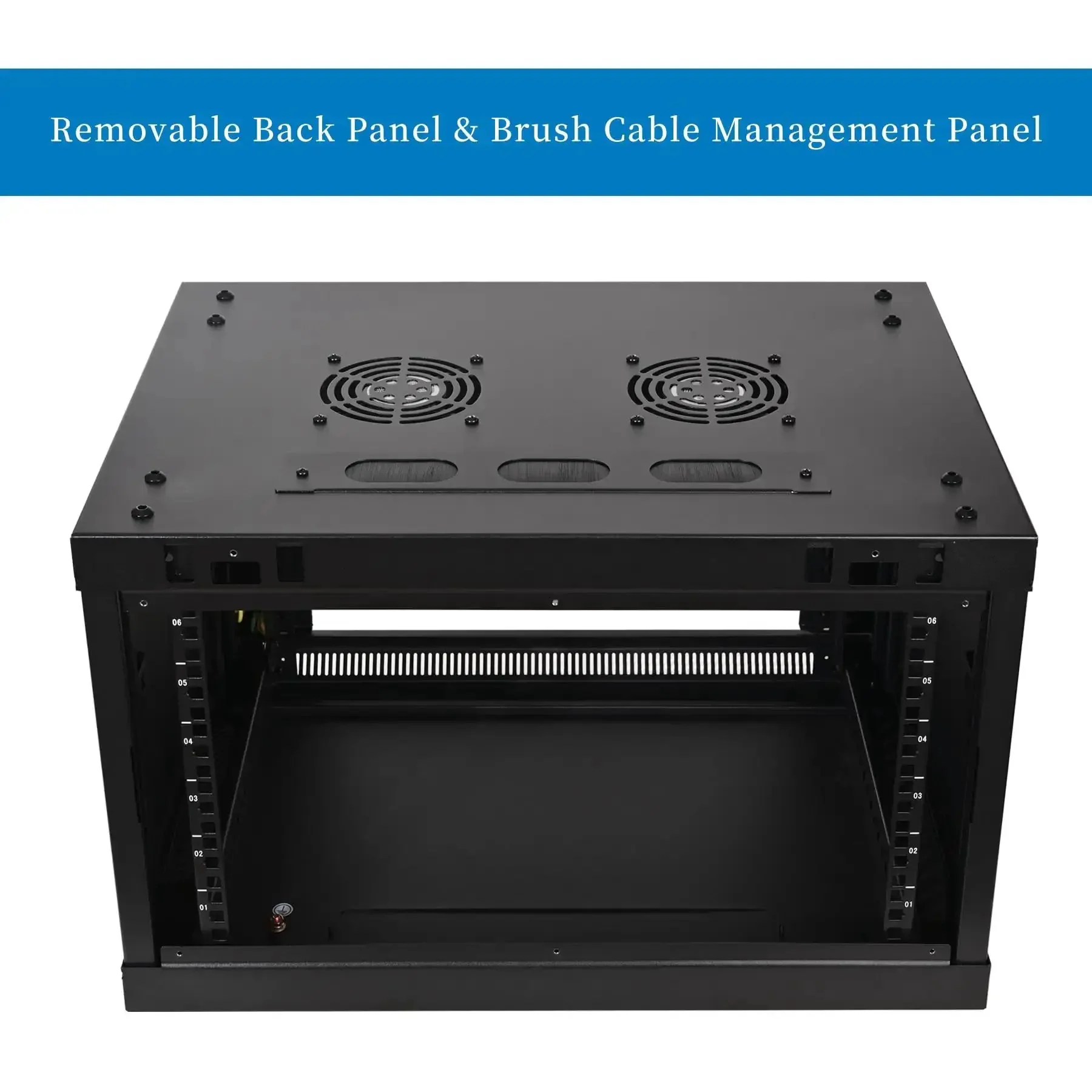 6U Wall Mount Server Cabinet Enclosure With Quiet Cooling Fans 2x, Brush Cable Management Panel, Adjustable Rails, Black Finish, Space Saving Network Rack For Home Or Office Gear, Easy Access And Clean Cable Routing - Image 5