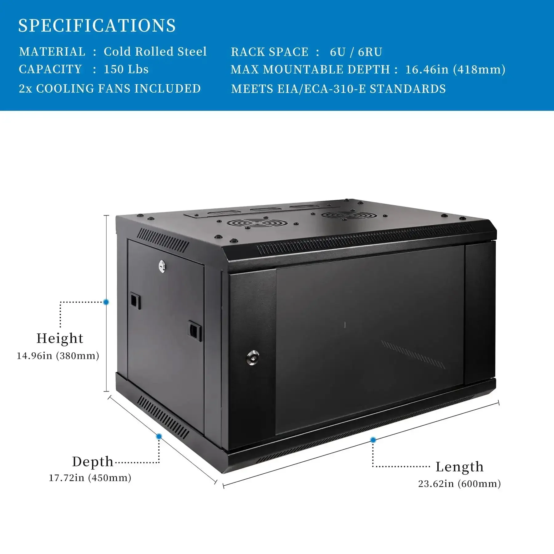 6U Wall Mount Server Cabinet Enclosure With Quiet Cooling Fans 2x, Brush Cable Management Panel, Adjustable Rails, Black Finish, Space Saving Network Rack For Home Or Office Gear, Easy Access And Clean Cable Routing - Image 6