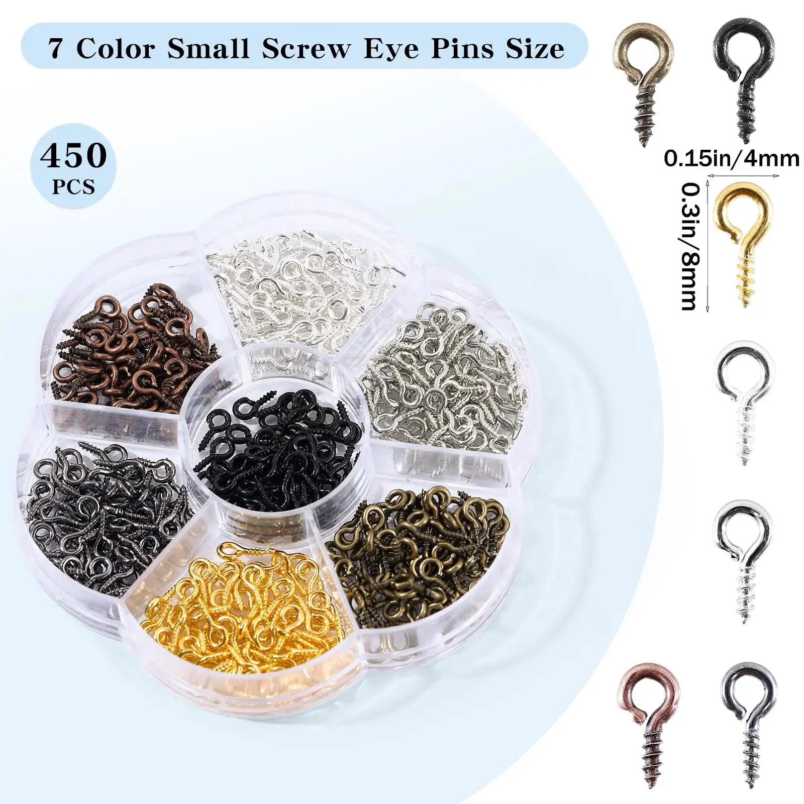7 Color 450 Piece Eye Screw Pins Set Eight By Four Millimeter Tiny Eyelets For Jewelry Making Bead Charms And DIY Crafts Handy Mini Eye Hook Screws For Arts Projects Ideal For Bead Charms Jewelry Making Mini Pendants And Craft Projects At Home Or Studio - Image 2