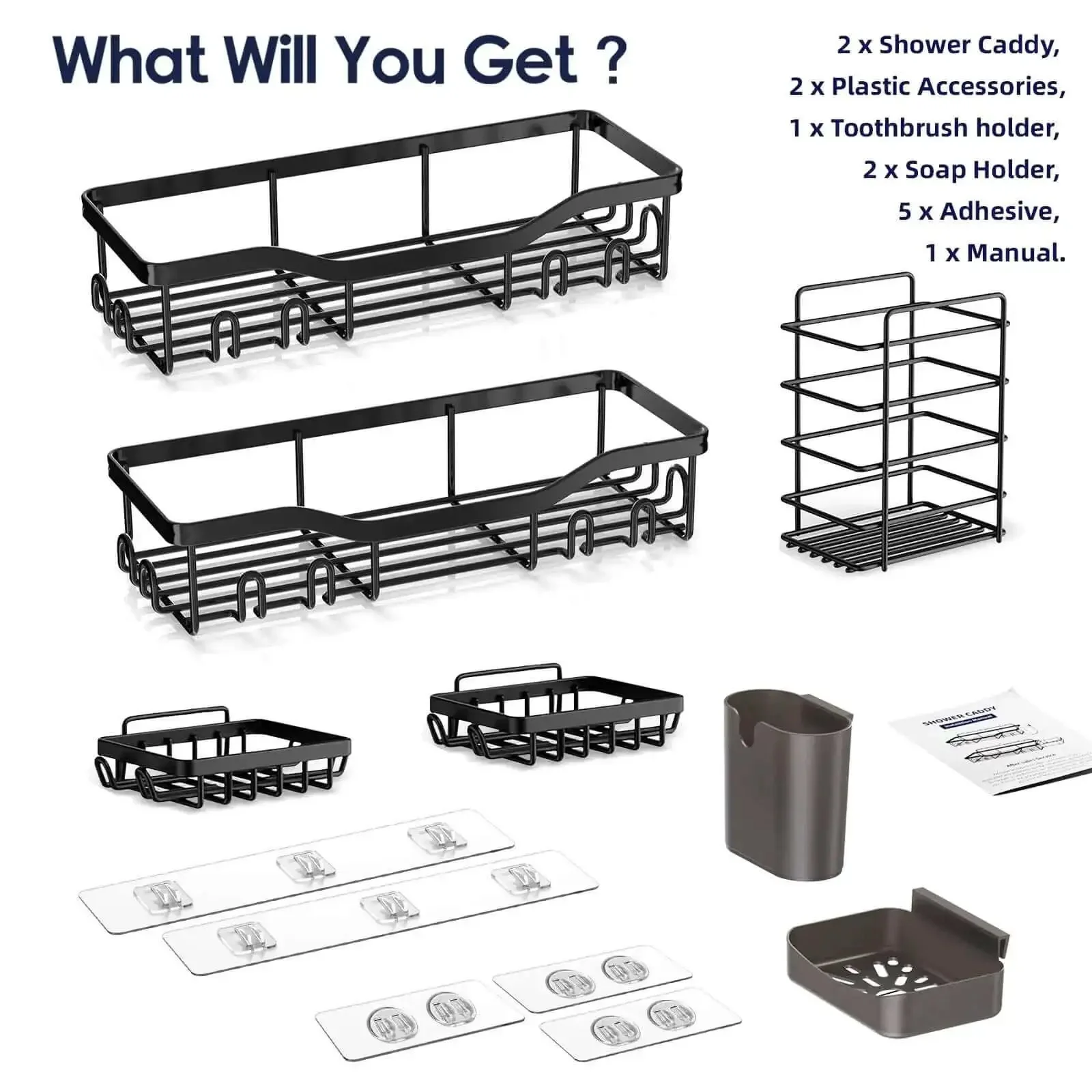 7 Pack Adhesive Shower Caddies With 24 Hooks Rustproof Stainless Steel Bathroom Shelves No Drill All In One Organizer Large Capacity Soap Dish And Toothbrush Holder Easy Install Super Handy Bathroom Storage - Image 3