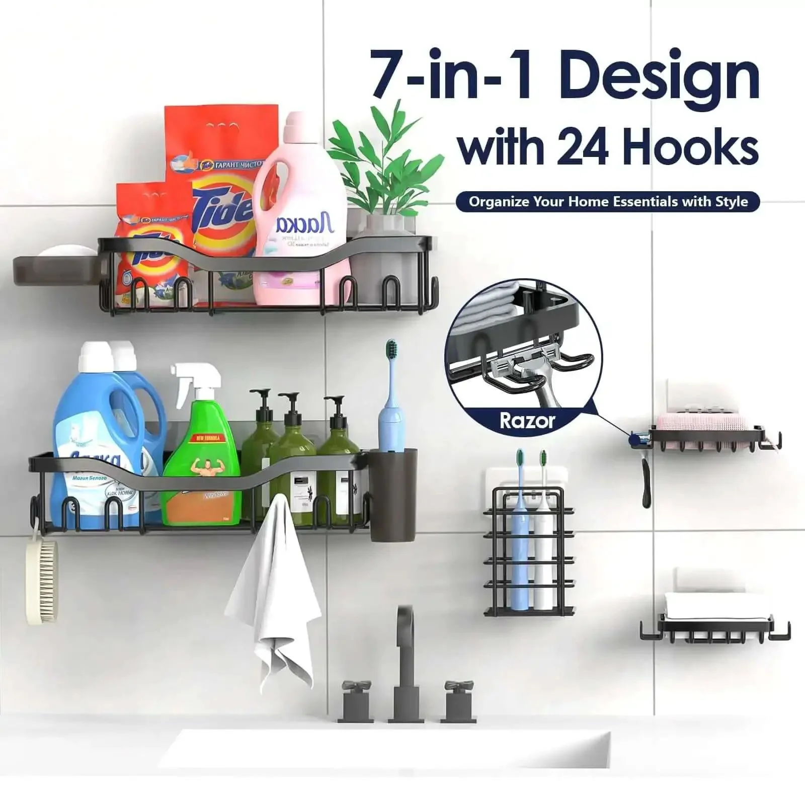 7 Pack Adhesive Shower Caddies With 24 Hooks Rustproof Stainless Steel Bathroom Shelves No Drill All In One Organizer Large Capacity Soap Dish And Toothbrush Holder Easy Install Super Handy Bathroom Storage - Image 4