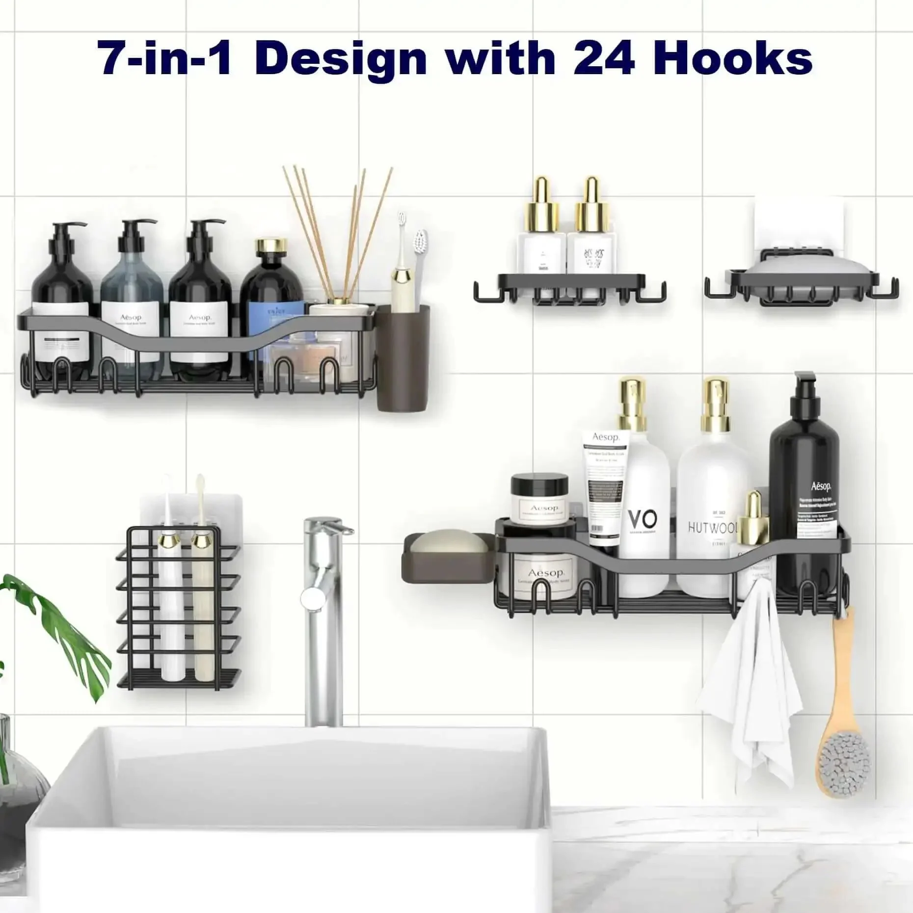 7 Pack Adhesive Shower Caddies With 24 Hooks Rustproof Stainless Steel Bathroom Shelves No Drill All In One Organizer Large Capacity Soap Dish And Toothbrush Holder Easy Install Super Handy Bathroom Storage - Image 7
