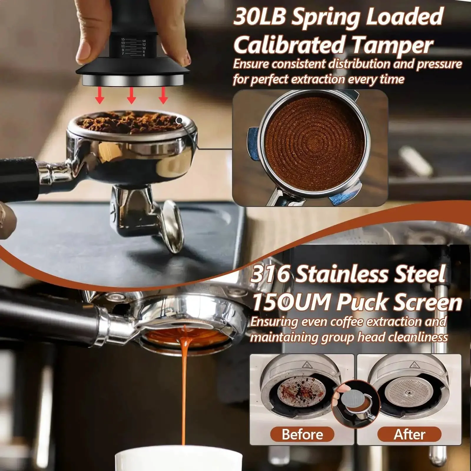 7 Piece 51mm Espresso Accessories Kit With Spring Loaded Calibrated Tamper WDT Tool Dosing Funnel 75ml Dosing Cup Double Walled Espresso Cup Puck Screen Mat Barista Grade Gear - Image 5