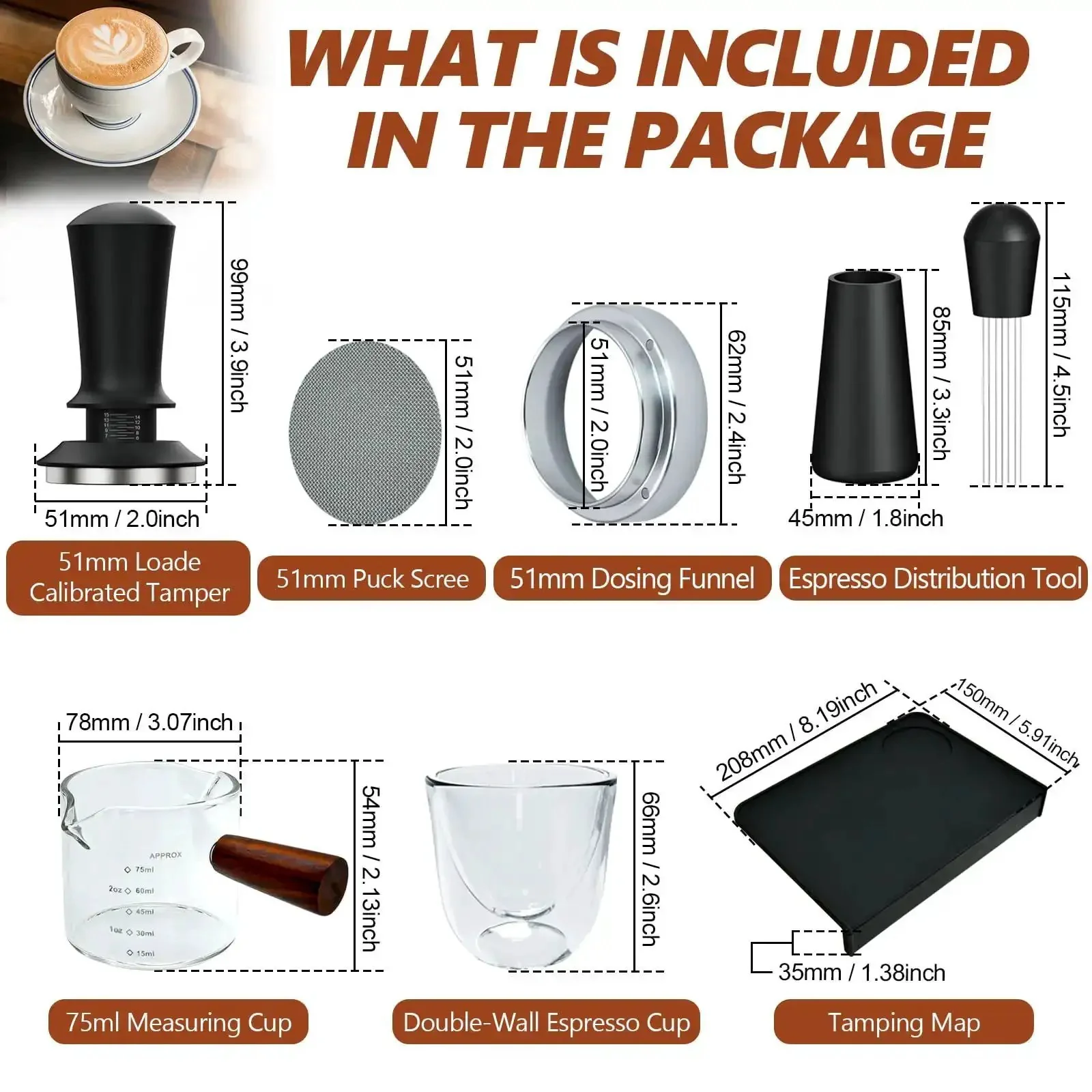 7 Piece 51mm Espresso Accessories Kit With Spring Loaded Calibrated Tamper WDT Tool Dosing Funnel 75ml Dosing Cup Double Walled Espresso Cup Puck Screen Mat Barista Grade Gear - Image 7