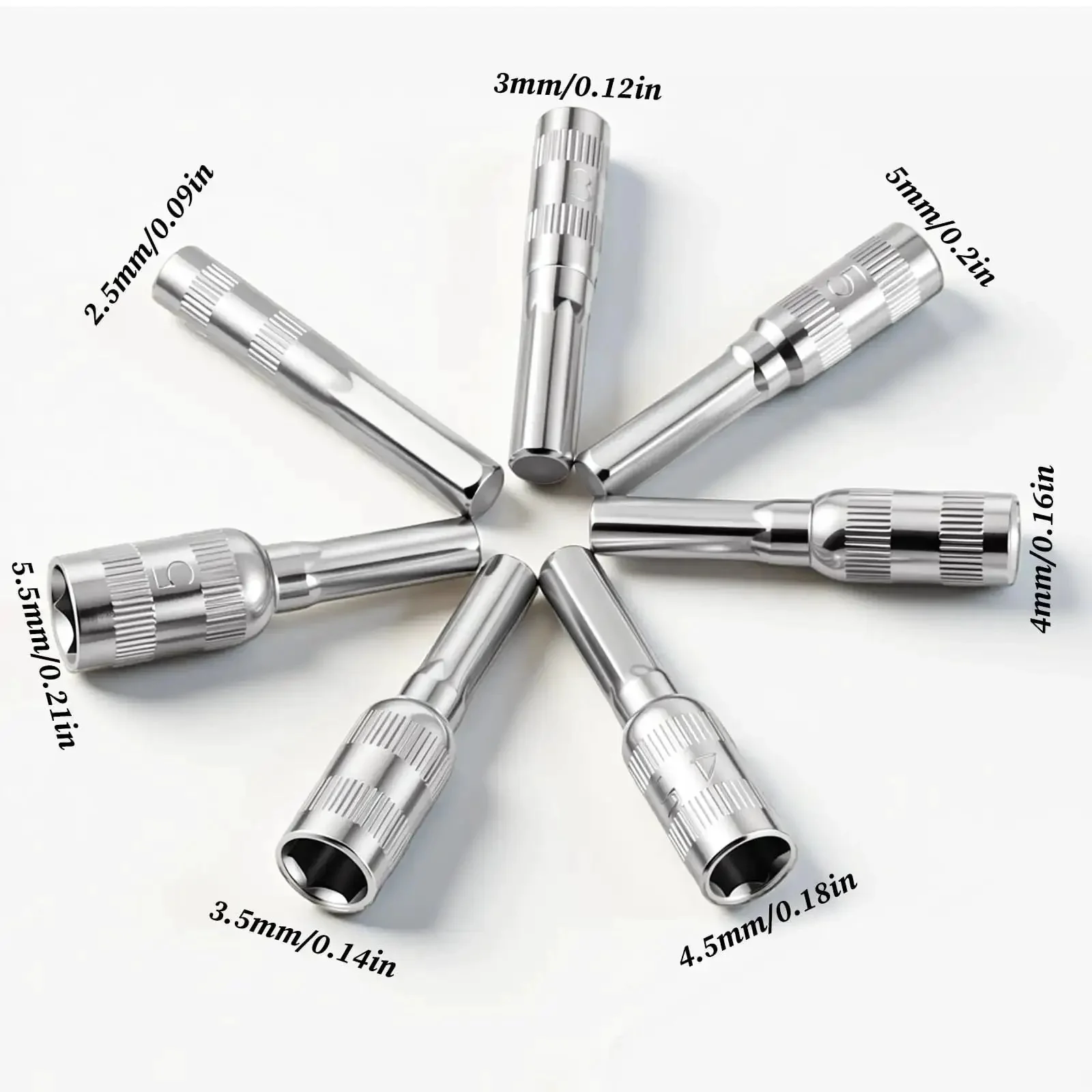 7 Piece Hex Socket Adapter Set With H4 Shank Metric Micro Socket Sizes 2.5mm Through 5.5mm Including 6 Point Hex Sockets Power Nut Driver And Drill Bit Kit For Mini Drills - Image 4