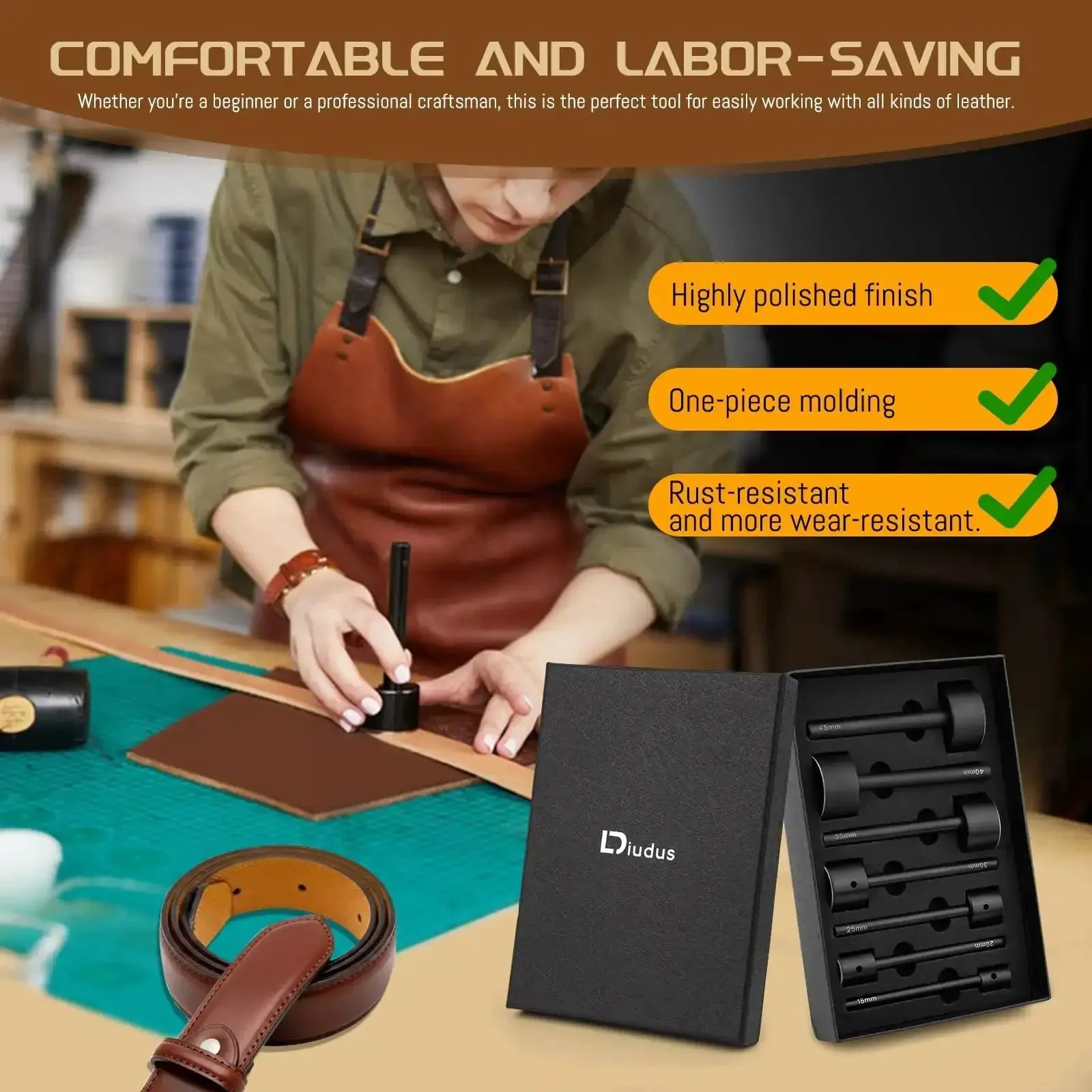 7 Piece Leather Punch Set 15mm To 45mm Corner And Half Round Holes Kit For Belts Wallets And Bags With Portable Display Case And Tough As Nails DIY Ready Pro Grade Steel For Precise Cuts - Image 4