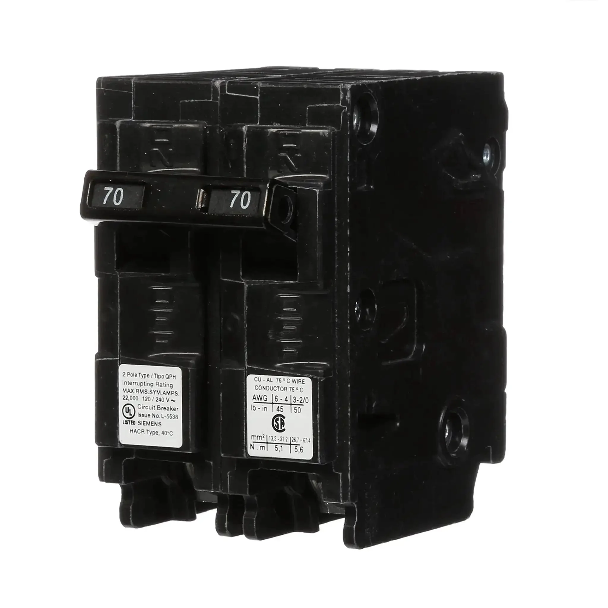 70 Amp Double Pole 240 Volt Type QPH Circuit Breaker With 22kA Interrupting Rating, Easy Plug In Connection For Enclosures, Built Tough And Compatible With PL And ES Load Centers, Ideal For Overload And Short Circuit Protection