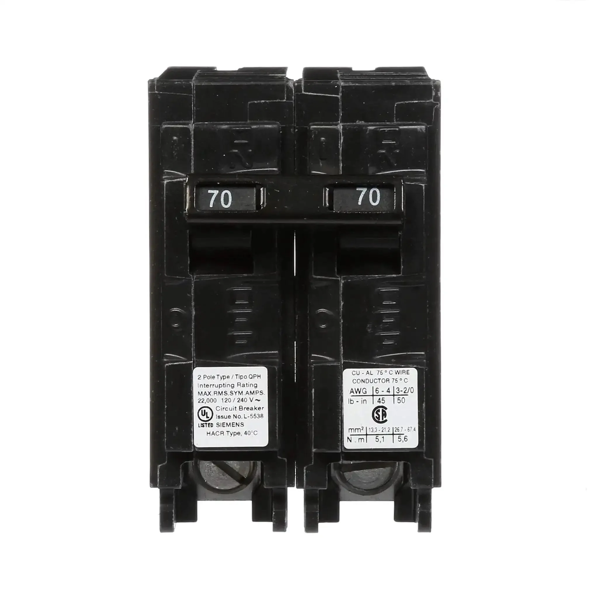 70 Amp Double Pole 240 Volt Type QPH Circuit Breaker With 22kA Interrupting Rating, Easy Plug In Connection For Enclosures, Built Tough And Compatible With PL And ES Load Centers, Ideal For Overload And Short Circuit Protection - Image 4