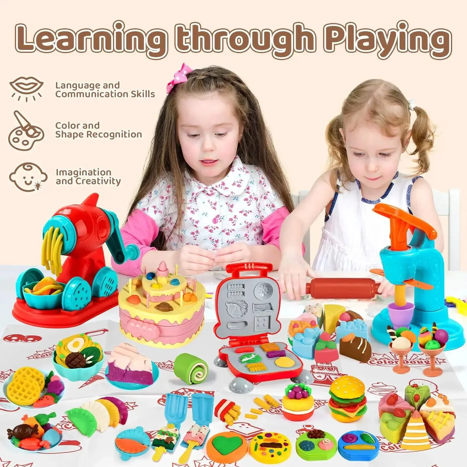 70 Piece Kids Dough Set 4 In 1 With Ice Cream Maker Noodle Maker Hamburger And Cake Mold Tools Creative Play Food Kit For Toddlers And Kids Ages 3 To 8 - Image 4
