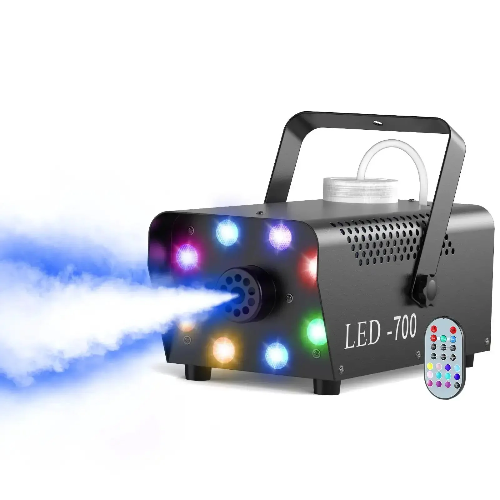 700W Fog Machine With Eight RGB LED Lights And Fourteen Colorful LED Effects For Stage Parties Halloween Christmas DJ Performances And Weddings With A Smooth Automatic Smoke Cycle For A Lit Nonstop Atmosphere