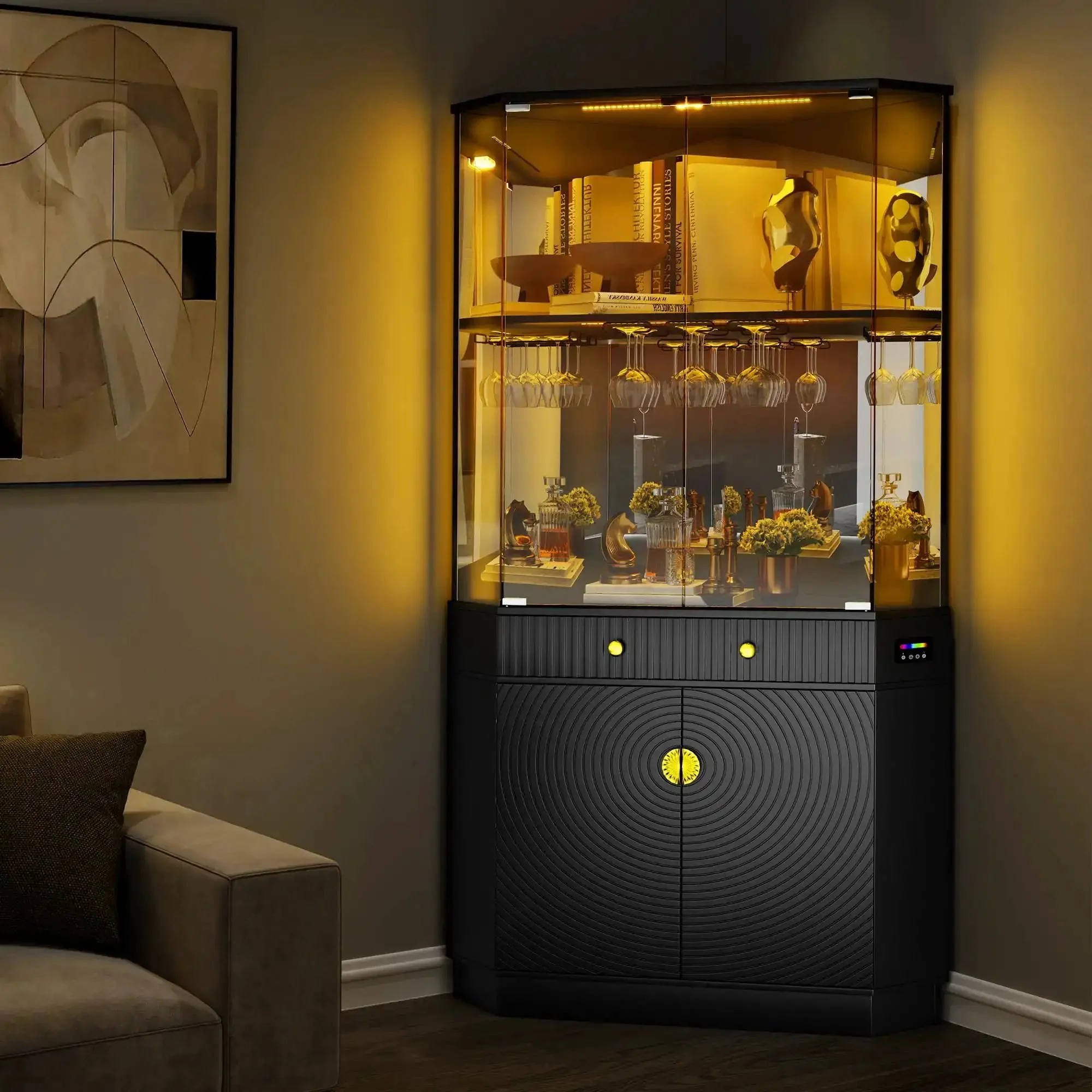 71 Inch Tall Corner Bar Cabinet With App Control And Motion Sensor LED Lighting Modern Liquor Display With Mirror Back And Glass Doors Black Finish Corner Wine Rack Tower And Textured Storage For A Sleek Home Bar Setup - Image 2