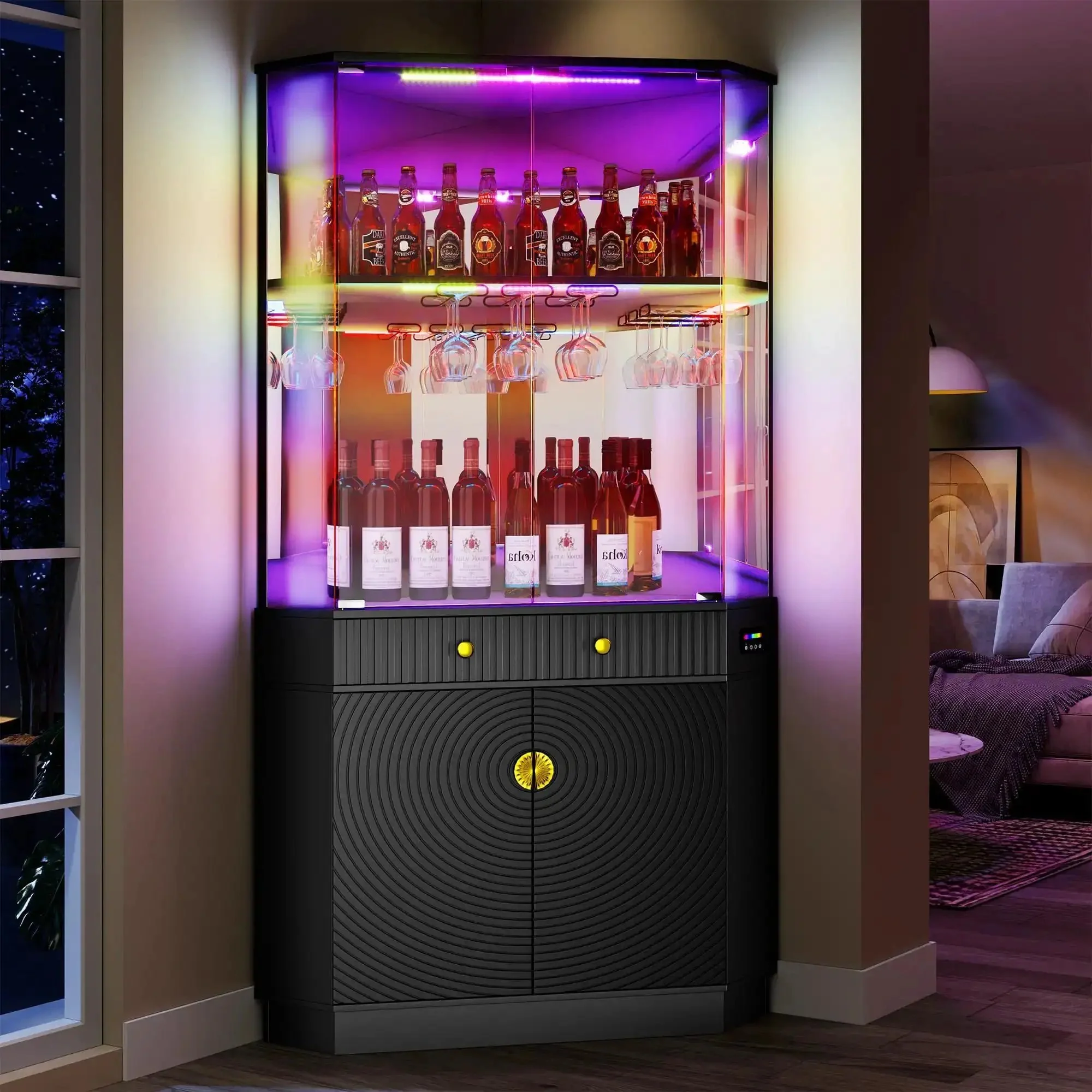 71 Inch Tall Corner Bar Cabinet With App Control And Motion Sensor LED Lighting Modern Liquor Display With Mirror Back And Glass Doors Black Finish Corner Wine Rack Tower And Textured Storage For A Sleek Home Bar Setup - Image 8