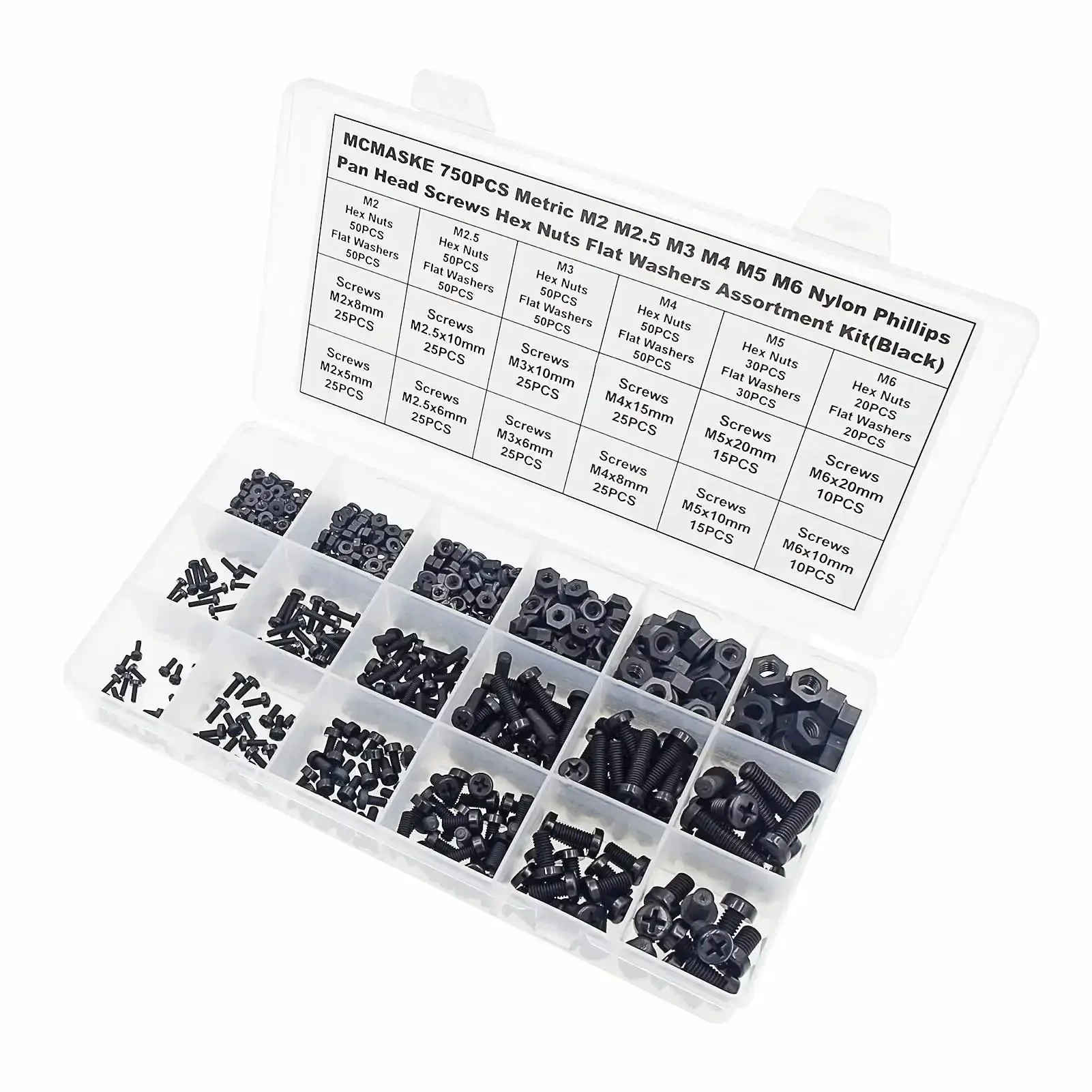750 Piece Metric Nylon Screws Assortment Kit In Black With Phillips Pan Head Screws M2 Through M6 Hex Nuts And Flat Washers PA66 Nylon Hardware Set For Electronics DIY Projects And Mechanical Repairs - Image 3