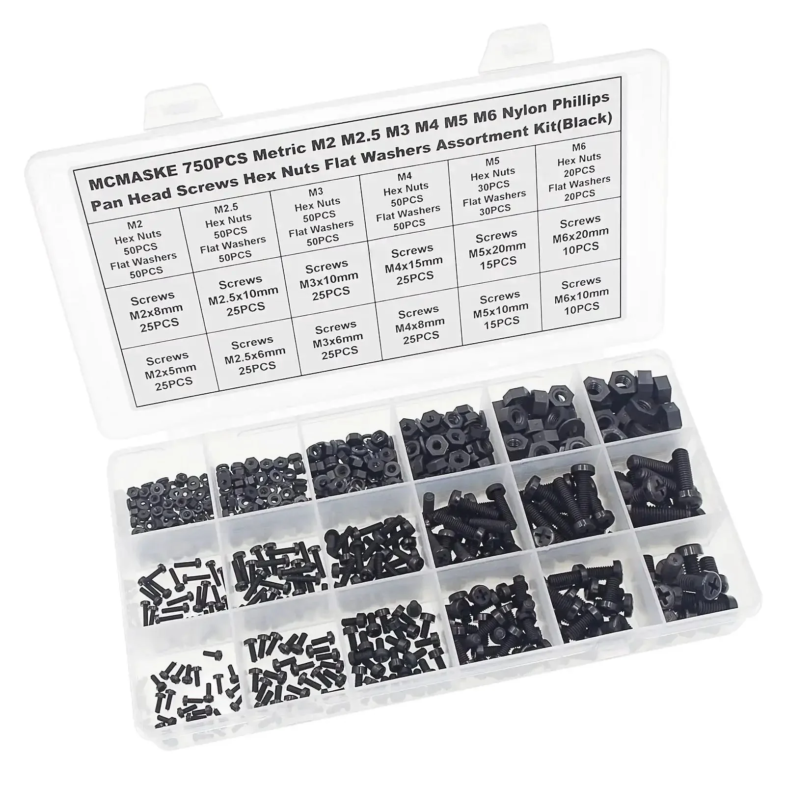 750 Piece Metric Nylon Screws Assortment Kit In Black With Phillips Pan Head Screws M2 Through M6 Hex Nuts And Flat Washers PA66 Nylon Hardware Set For Electronics DIY Projects And Mechanical Repairs - Image 5