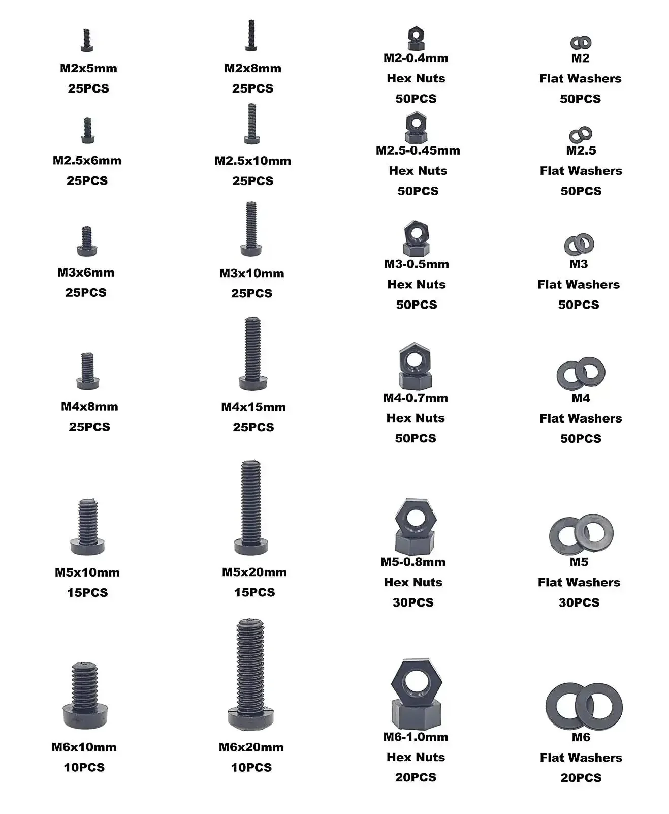 750 Piece Metric Nylon Screws Assortment Kit In Black With Phillips Pan Head Screws M2 Through M6 Hex Nuts And Flat Washers PA66 Nylon Hardware Set For Electronics DIY Projects And Mechanical Repairs - Image 6