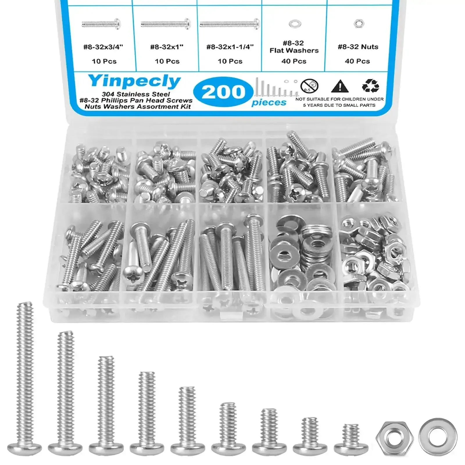 8-32 Phillips Pan Head Machine Screws Nuts Washers Set In 304 Stainless Steel Coarse Full Thread 200-Piece Assortment From 1/4 To 1-1/4 Inch For Quick DIY Fixes Durable Versatile For Home Repairs Metalworking And Hobby Projects
