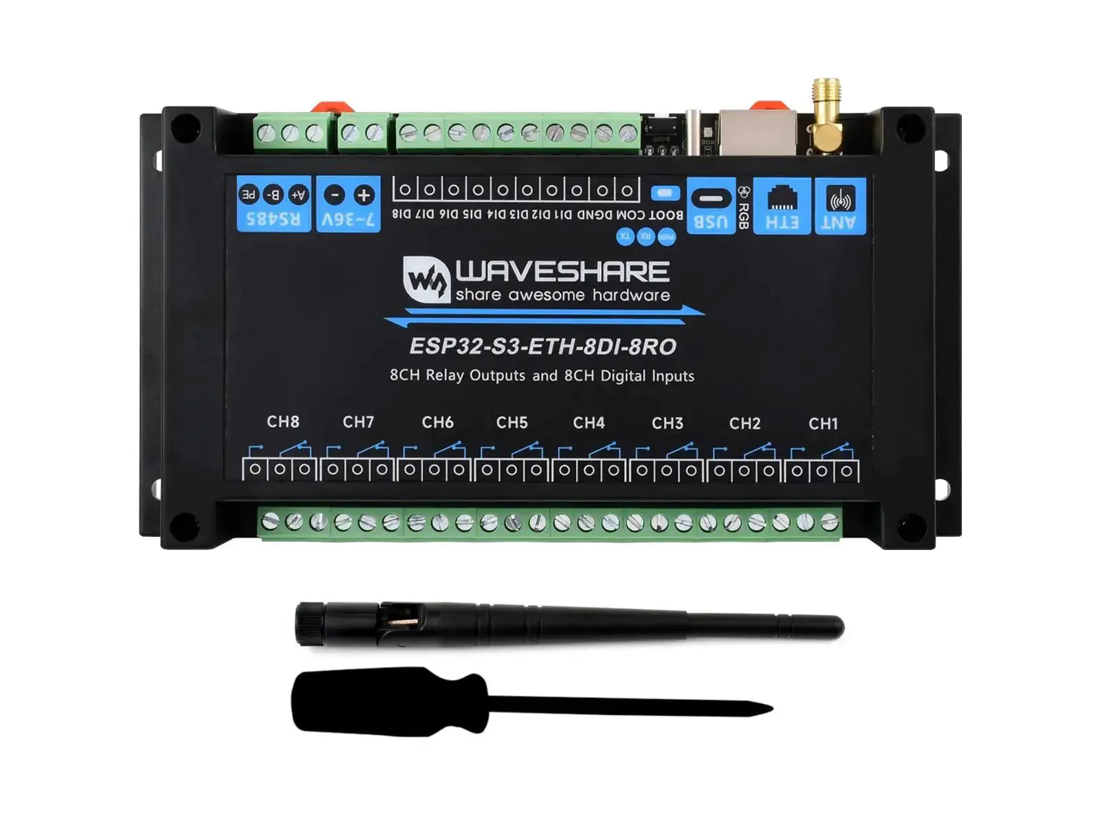 8 Channel ESP32 S3 WiFi Relay Module With Onboard RS485 Digital Inputs Relay Outputs Ethernet Port And Multiple Isolation Protection Circuits For Industrial Automation And Bluetooth WiFi Remote Control