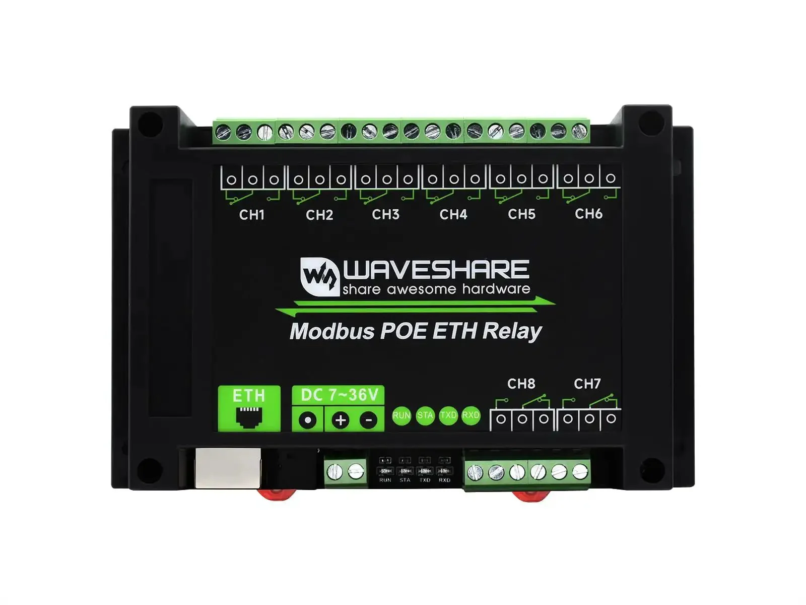 8 Channel Ethernet Relay Module With Modbus RTU TCP PoE Power And Industrial Rail Mount Case Isolation Circuits MQTT Control Alibaba Cloud Ready Flash On Off Timing Function DC 7-36V Wide Input
